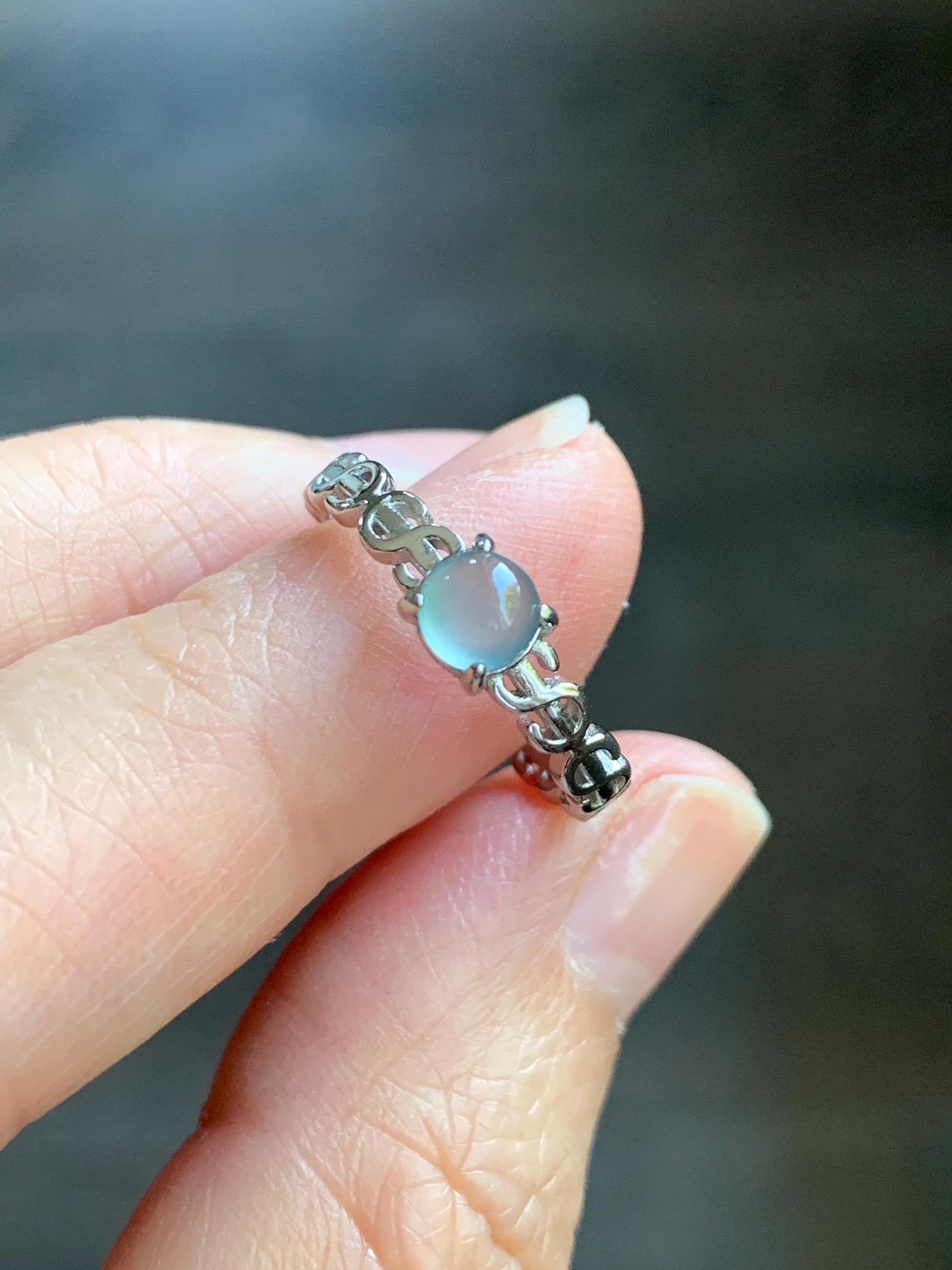 Natural Guatemalan Icy Translucent Gelatinous Light Blue Jadeite Solitaire Open Band Ring Sterling Silver size 6.5 Adjustable 天然冰危淡蓝翡翠开口银镶戒指