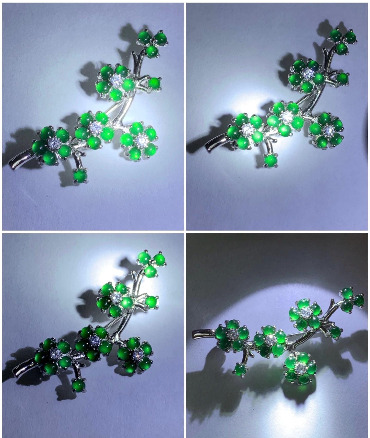 Certified Natural Guatemalan Icy Highly Translucent Vibrant Green Jadeite Cherry Blossom Brooch S925 Sterling Silver 天然冰危绿翡翠银镶梅花枝胸针 3822