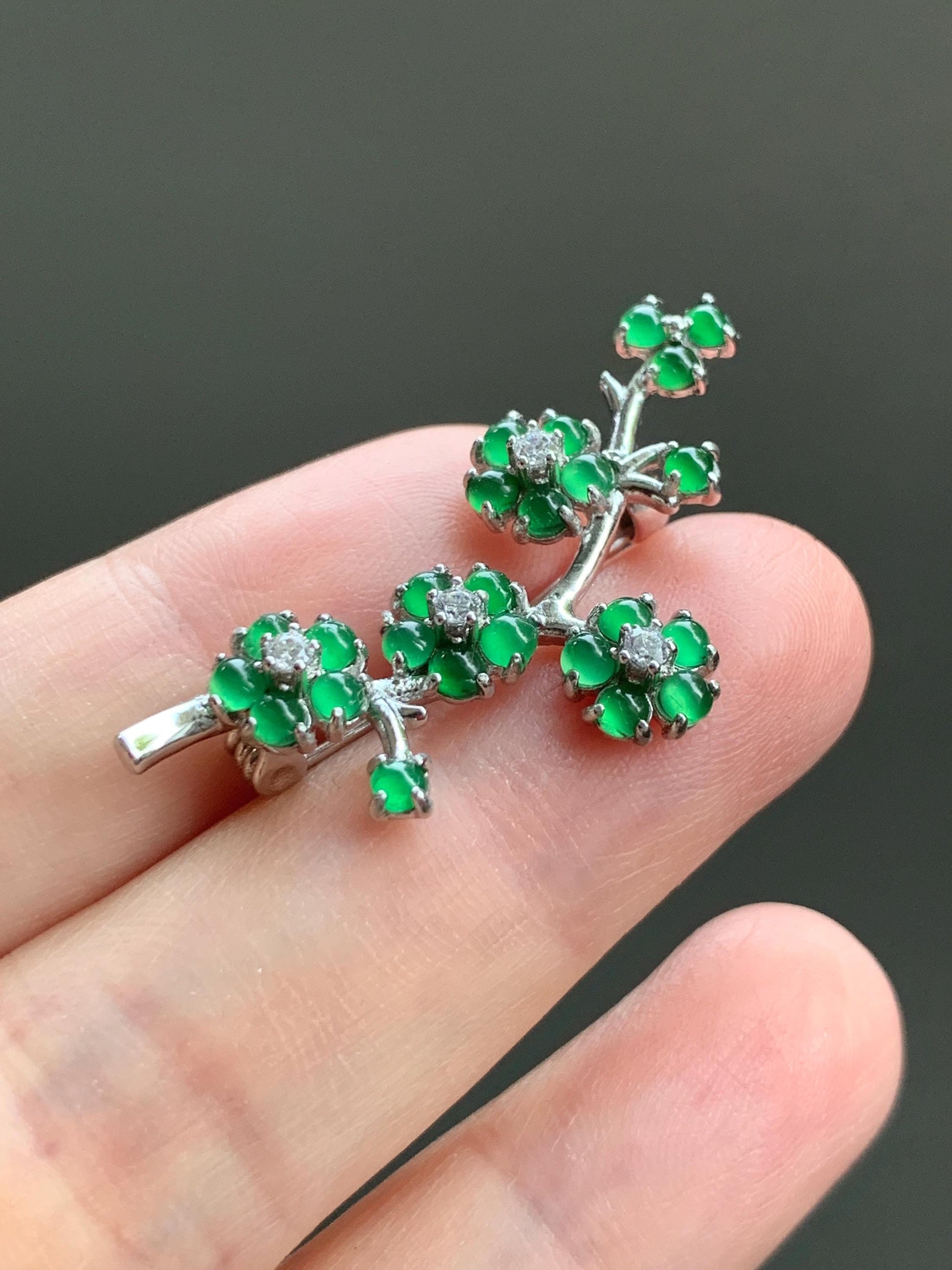 Certified Natural Guatemalan Icy Highly Translucent Vibrant Green Jadeite Cherry Blossom Brooch S925 Sterling Silver 天然冰危绿翡翠银镶梅花枝胸针 3822