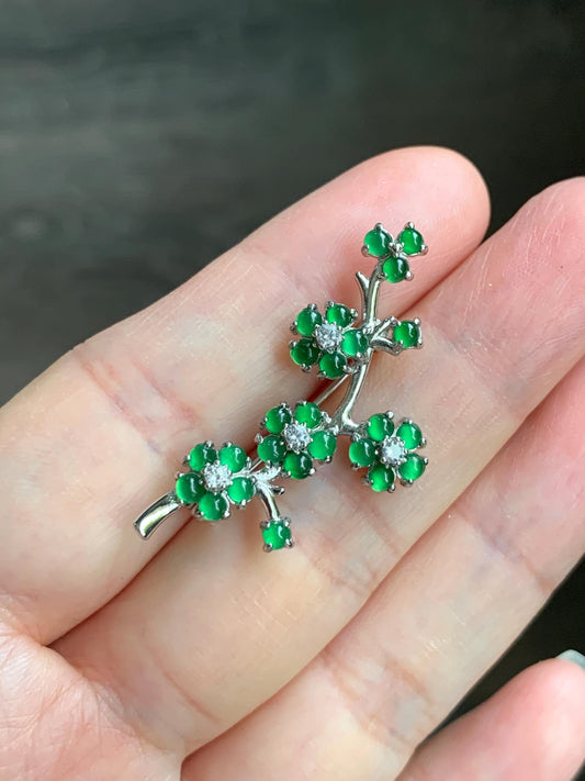 Certified Natural Guatemalan Icy Highly Translucent Vibrant Green Jadeite Cherry Blossom Brooch S925 Sterling Silver 天然冰危绿翡翠银镶梅花枝胸针 3822