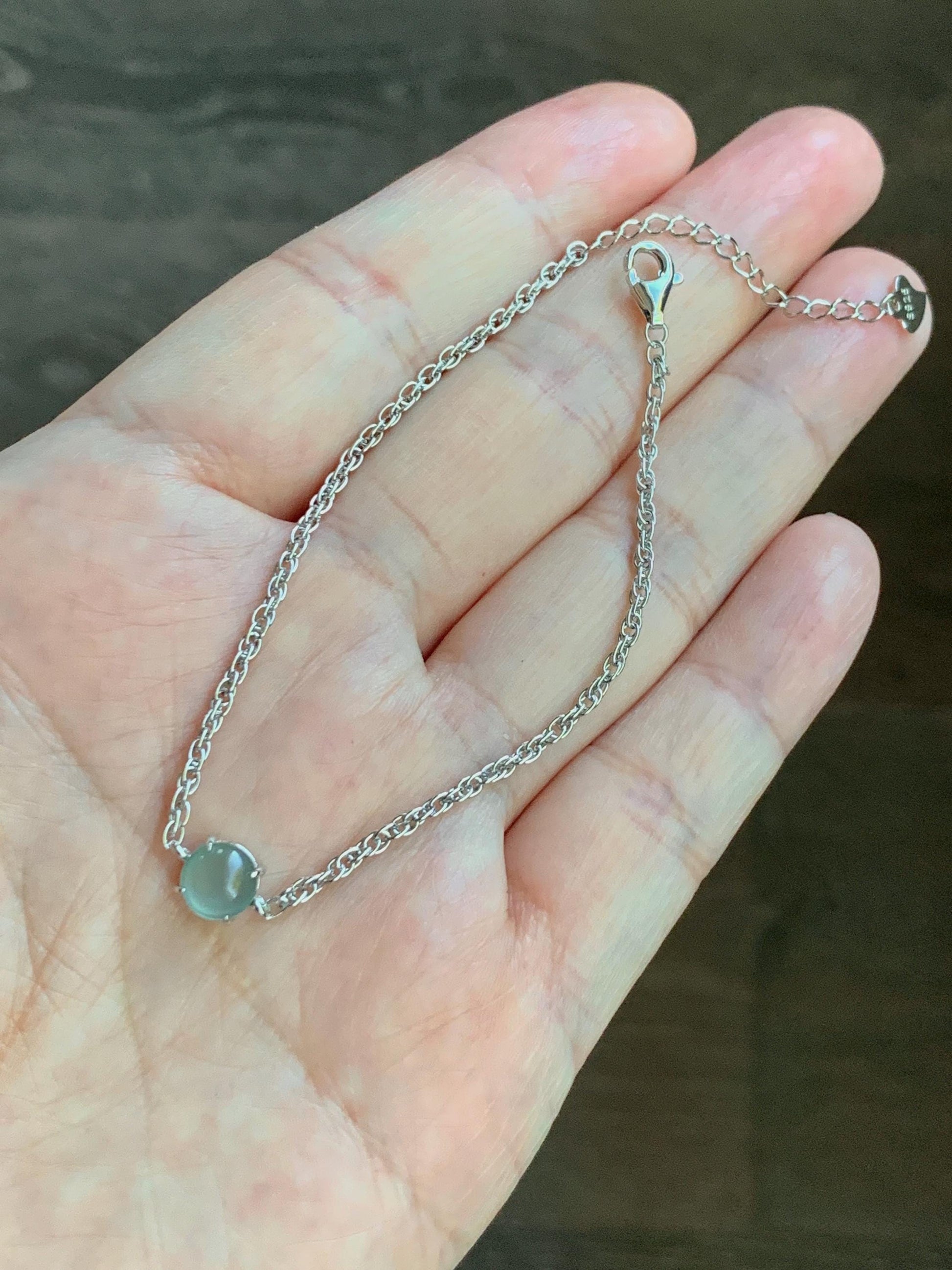 Natural Guatemalan Grade A Icy Highly Translucent Light Blue Jadeite Chain Bracelet Sterling Silver 6.25" -7.25” Adjustable 天然冰危淡蓝起光翡翠银镶手链