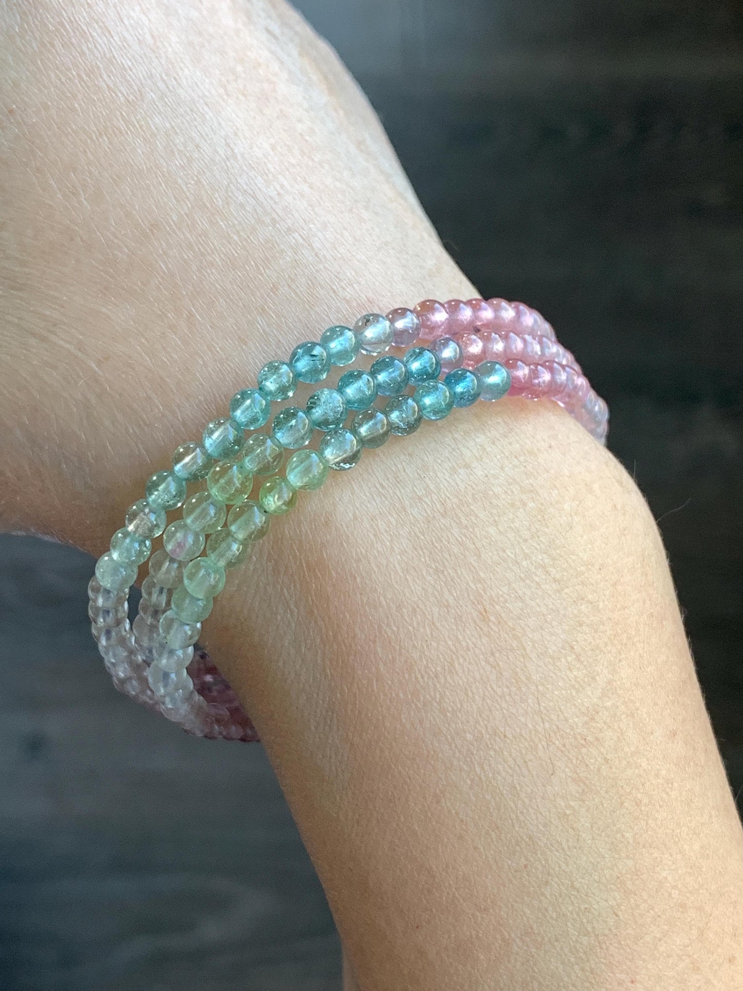 Certified Natural Icy Transparent Macaron Palette Gradient Tourmaline Petite Triple Layered Beaded Bracelets 3.7mm 6.75” 天然起光马卡龙渐变色碧玺手串 9340