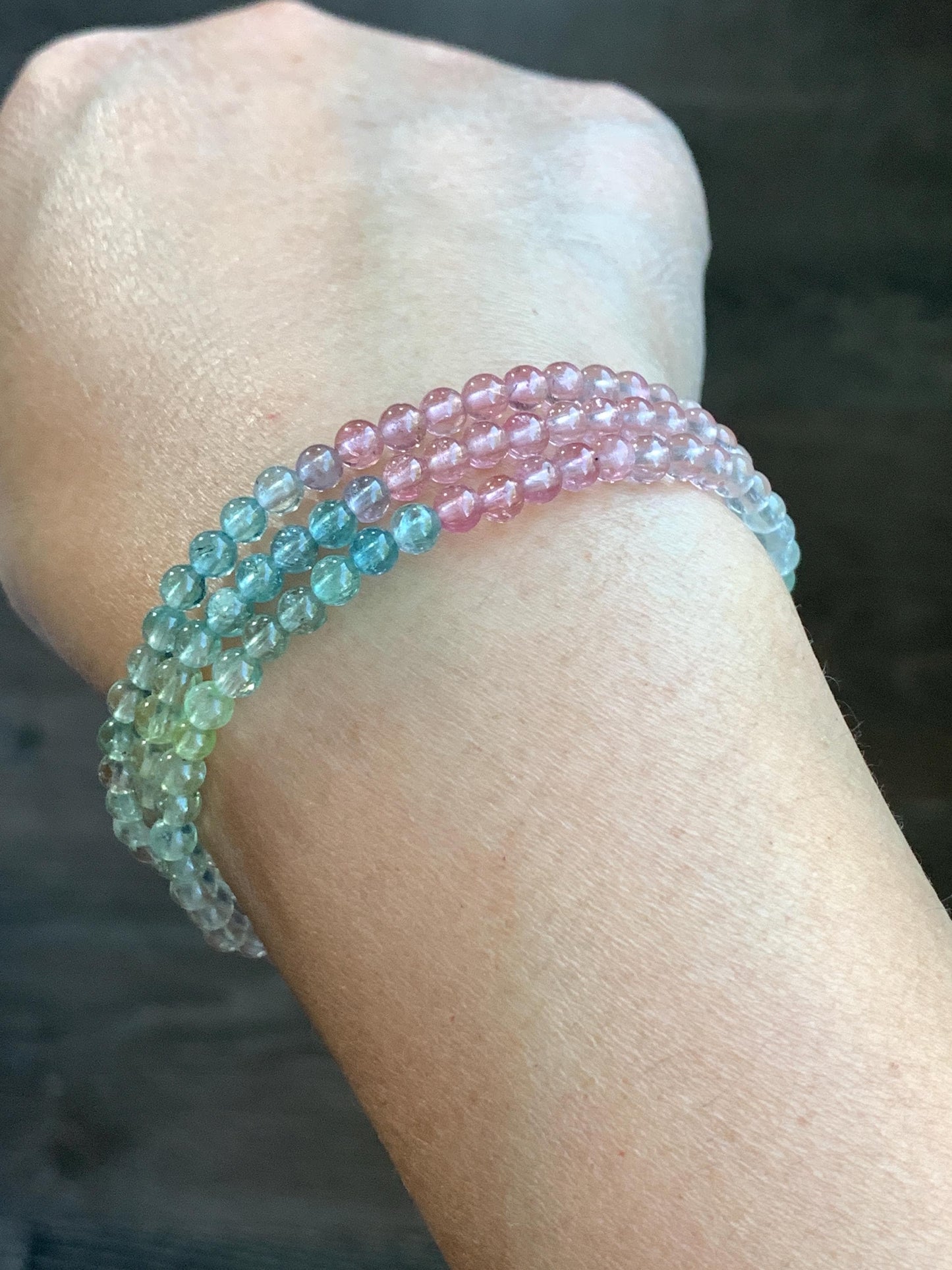 Certified Natural Icy Transparent Macaron Palette Gradient Tourmaline Petite Triple Layered Beaded Bracelets 3.7mm 6.75” 天然起光马卡龙渐变色碧玺手串 9340