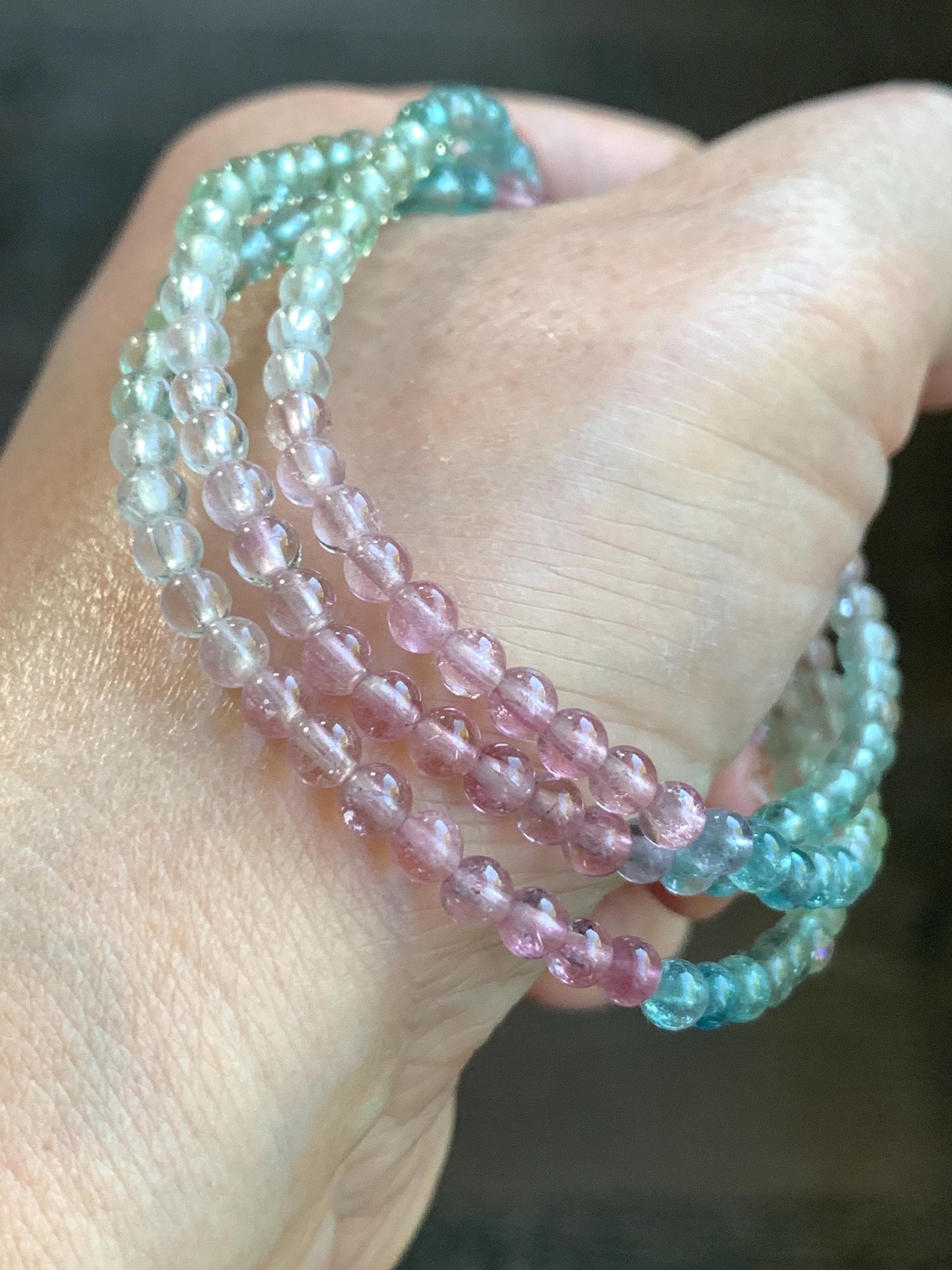 Certified Natural Icy Transparent Macaron Palette Gradient Tourmaline Petite Triple Layered Beaded Bracelets 3.7mm 6.75” 天然起光马卡龙渐变色碧玺手串 9340