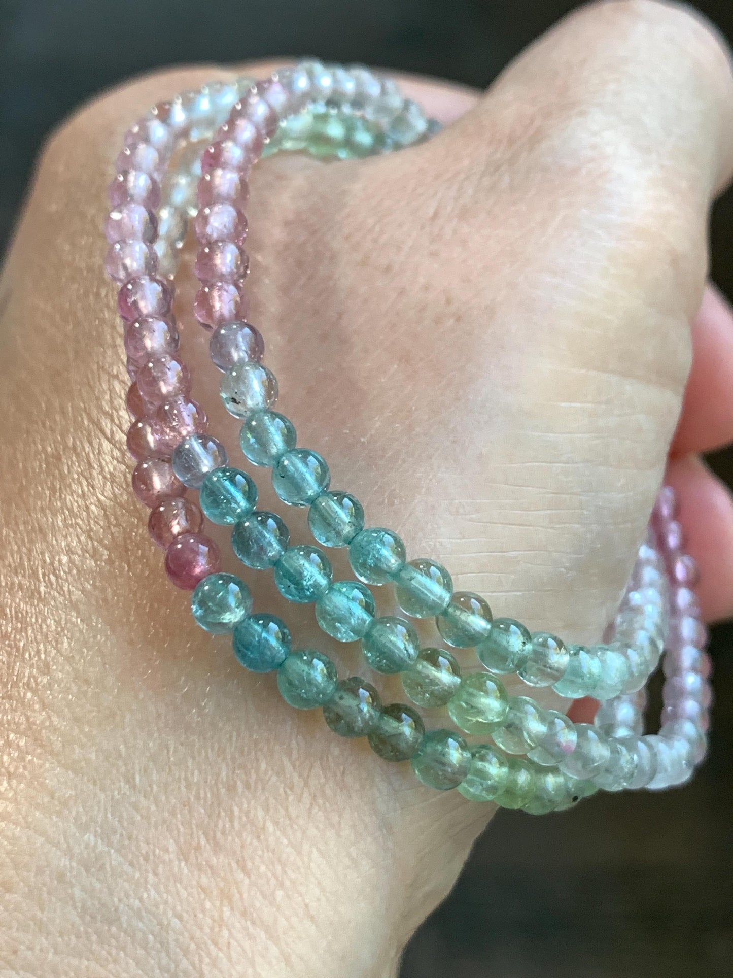 Certified Natural Icy Transparent Macaron Palette Gradient Tourmaline Petite Triple Layered Beaded Bracelets 3.7mm 6.75” 天然起光马卡龙渐变色碧玺手串 9340