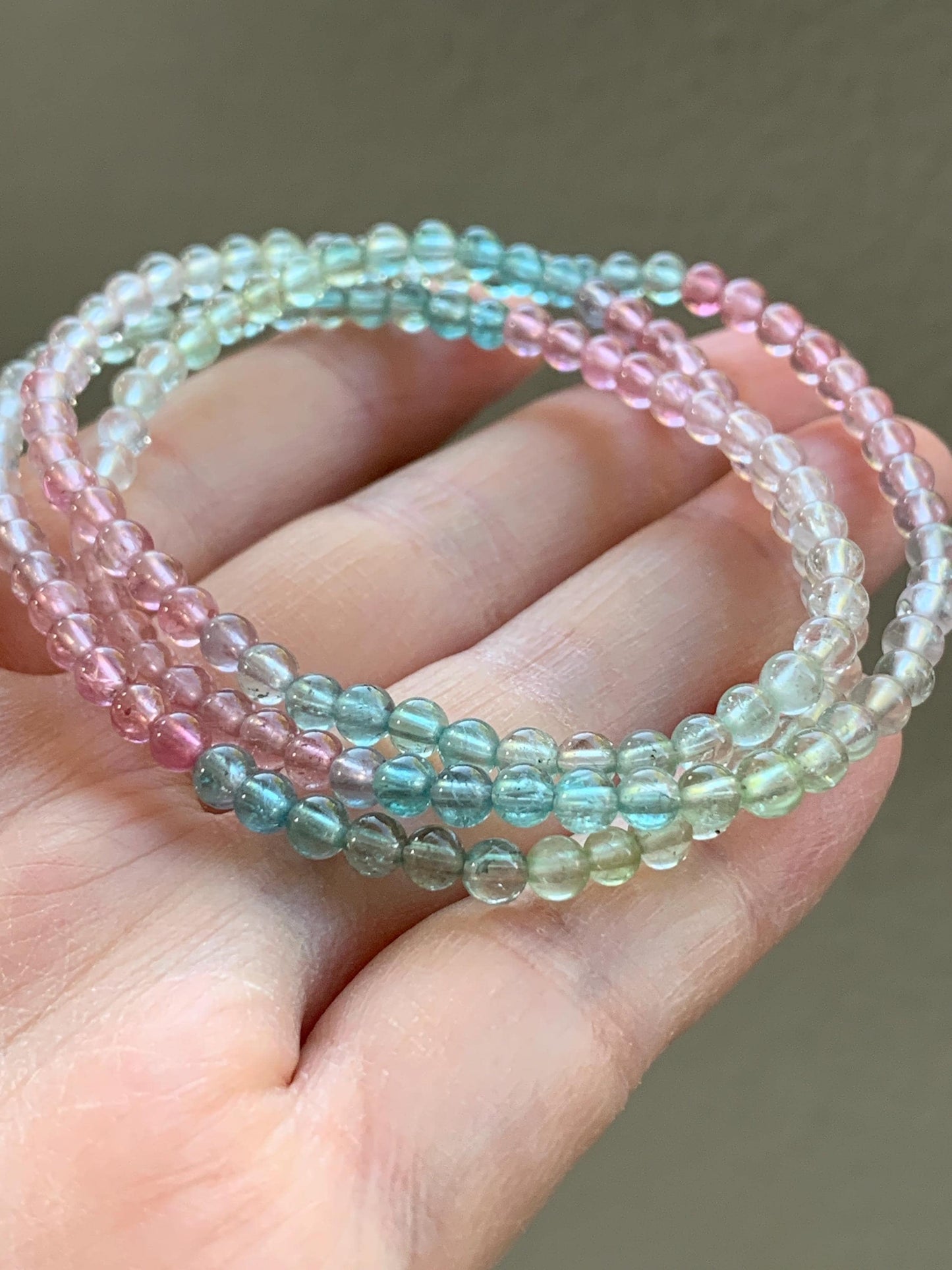 Certified Natural Icy Transparent Macaron Palette Gradient Tourmaline Petite Triple Layered Beaded Bracelets 3.7mm 6.75” 天然起光马卡龙渐变色碧玺手串 9340