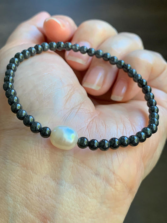 Petite Natural Burmese Icy Translucent Dark Wuji Jadeite Natural Freshwater Pearl Beaded Bracelet 4mm 7" 5g 天然缅甸冰黑乌鸡翡翠小珠淡水无核珍珠手链