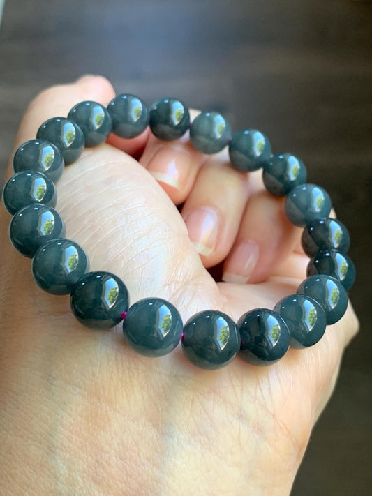 Natural Guatemalan Icy Translucent Gelatinous Dark Wuji Jadeite Round Beads Beaded Bracelet Stretchy 7.25” 9.8mm 32g 天然冰胶危乌鸡翡翠圆珠手串 A