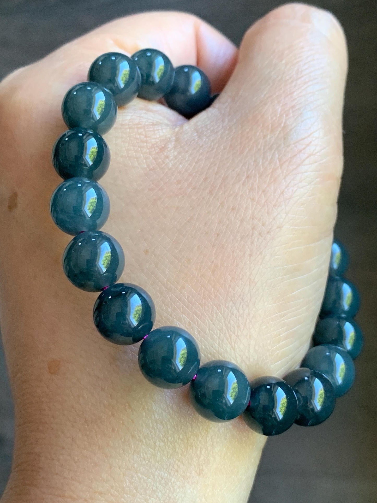 Natural Guatemalan Icy Translucent Gelatinous Dark Wuji Jadeite Round Beads Beaded Bracelet Stretchy 7.25” 9.8mm 32g 天然冰胶危乌鸡翡翠圆珠手串 A