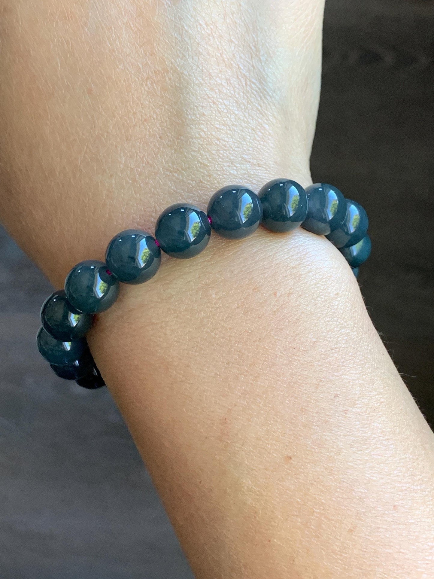 Natural Guatemalan Icy Translucent Gelatinous Dark Wuji Jadeite Round Beads Beaded Bracelet Stretchy 7.25” 9.8mm 32g 天然冰胶危乌鸡翡翠圆珠手串 A
