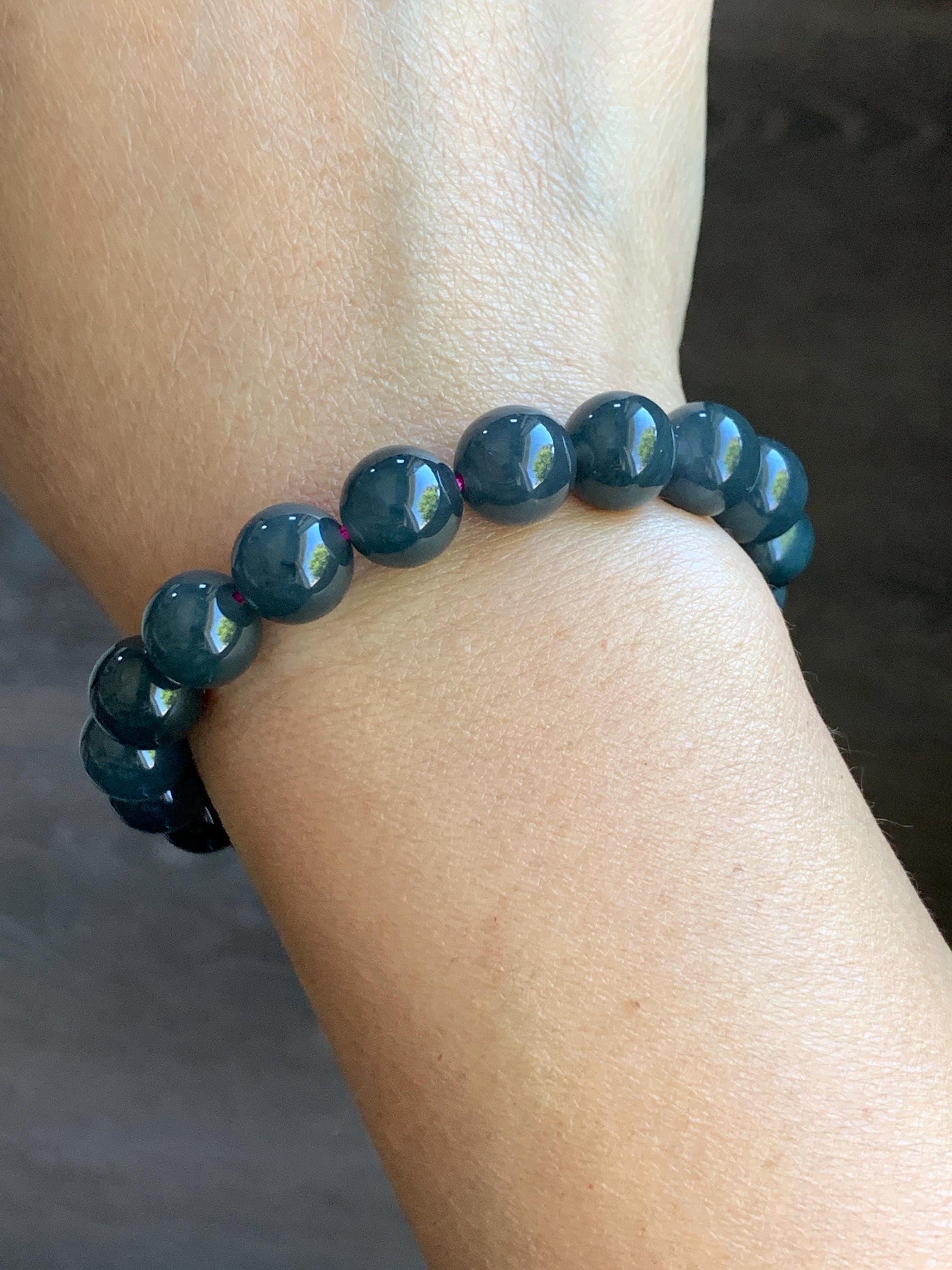 Natural Guatemalan Icy Translucent Gelatinous Dark Wuji Jadeite Round Beads Beaded Bracelet Stretchy 7.25” 9.8mm 32g 天然冰胶危乌鸡翡翠圆珠手串 A