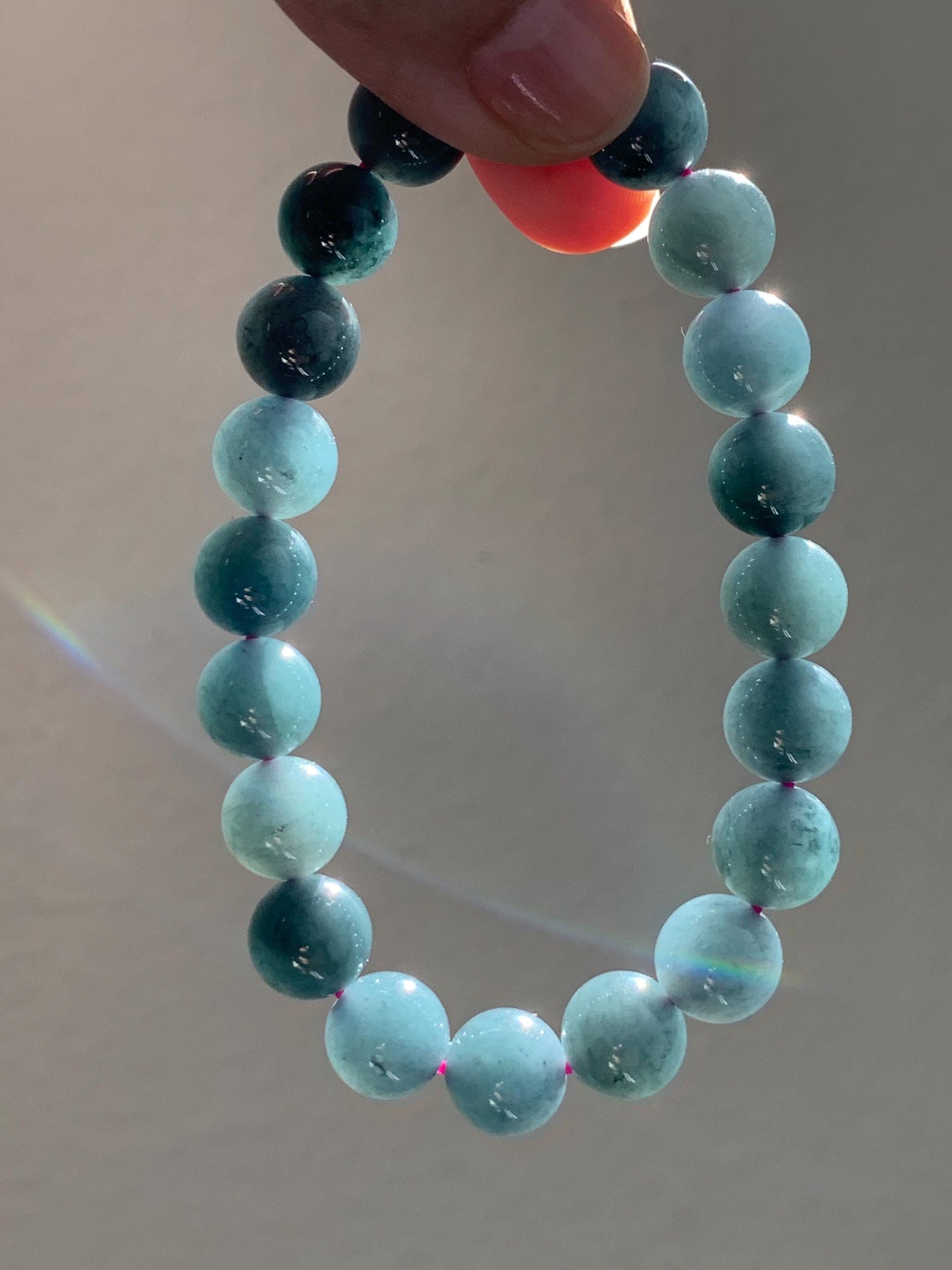 Natural Guatemalan Icy Translucent Gelatinous Dark Wuji Jadeite Round Beads Beaded Bracelet Stretchy 7.25” 9.8mm 32g 天然冰胶危乌鸡翡翠圆珠手串 A