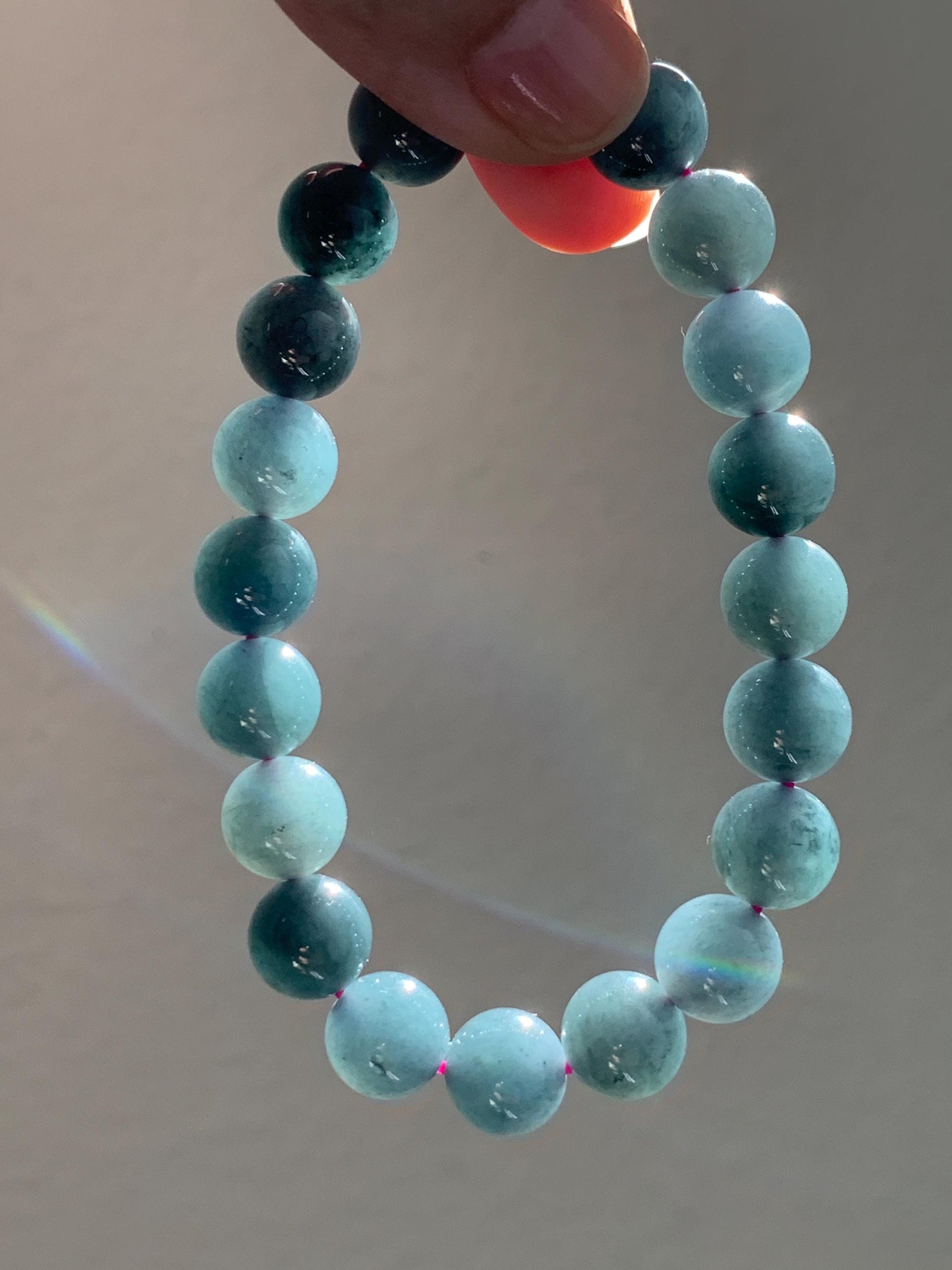 Natural Guatemalan Icy Translucent Gelatinous Dark Wuji Jadeite Round Beads Beaded Bracelet Stretchy 7.25” 9.8mm 32g 天然冰胶危乌鸡翡翠圆珠手串 A