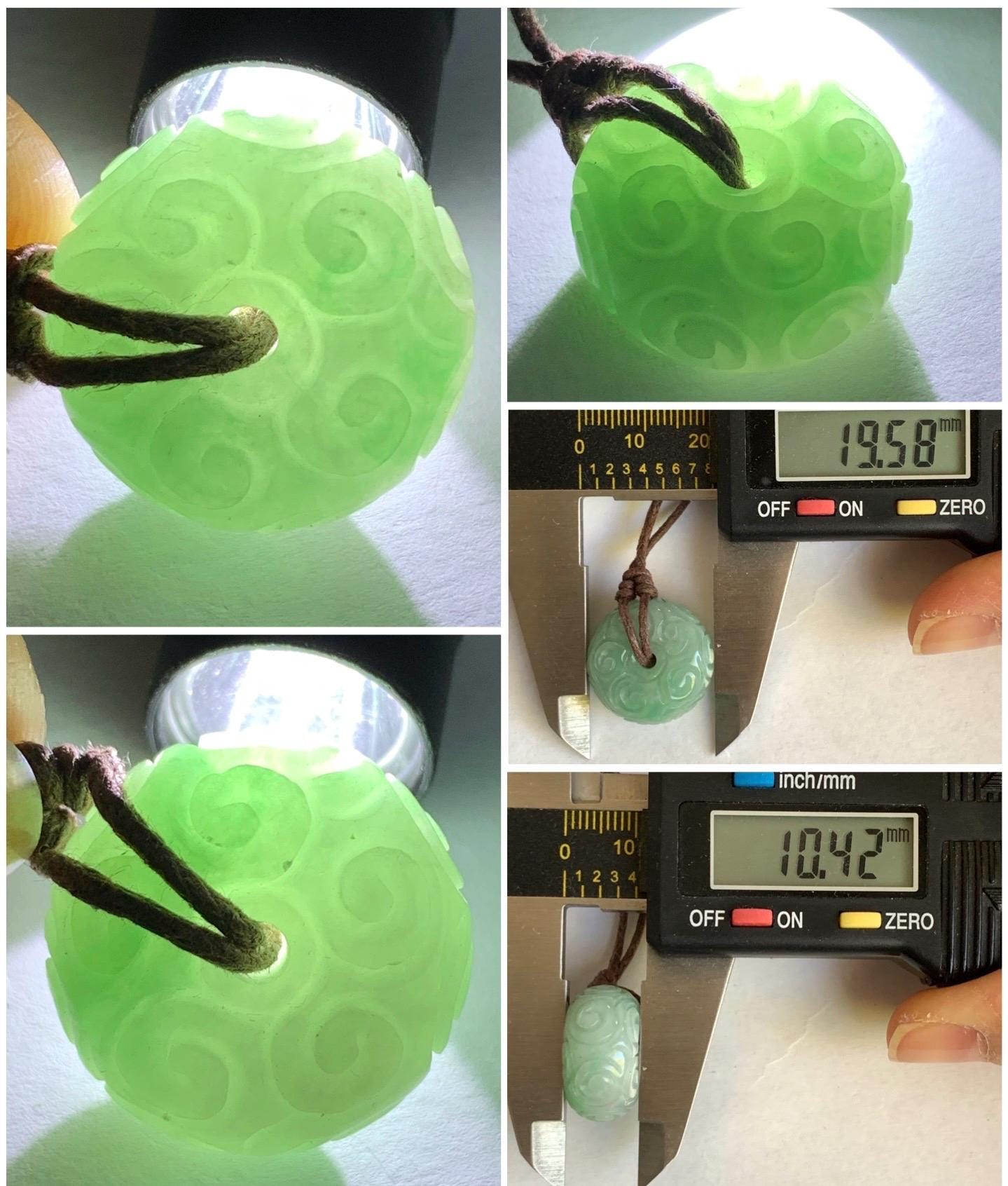 Natural Burmese Icy Translucent Light Green Jadeite Engraved Thick Ping An Kou Donut Pendant Rope Necklace 25" Adjustable 天然缅甸冰晴翡翠仿古雕平安扣吊坠 A