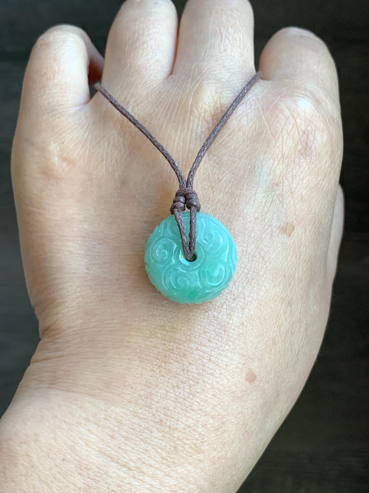 Natural Burmese Icy Translucent Light Green Jadeite Engraved Thick Ping An Kou Donut Pendant Rope Necklace 25" Adjustable 天然缅甸冰晴翡翠仿古雕平安扣吊坠 A