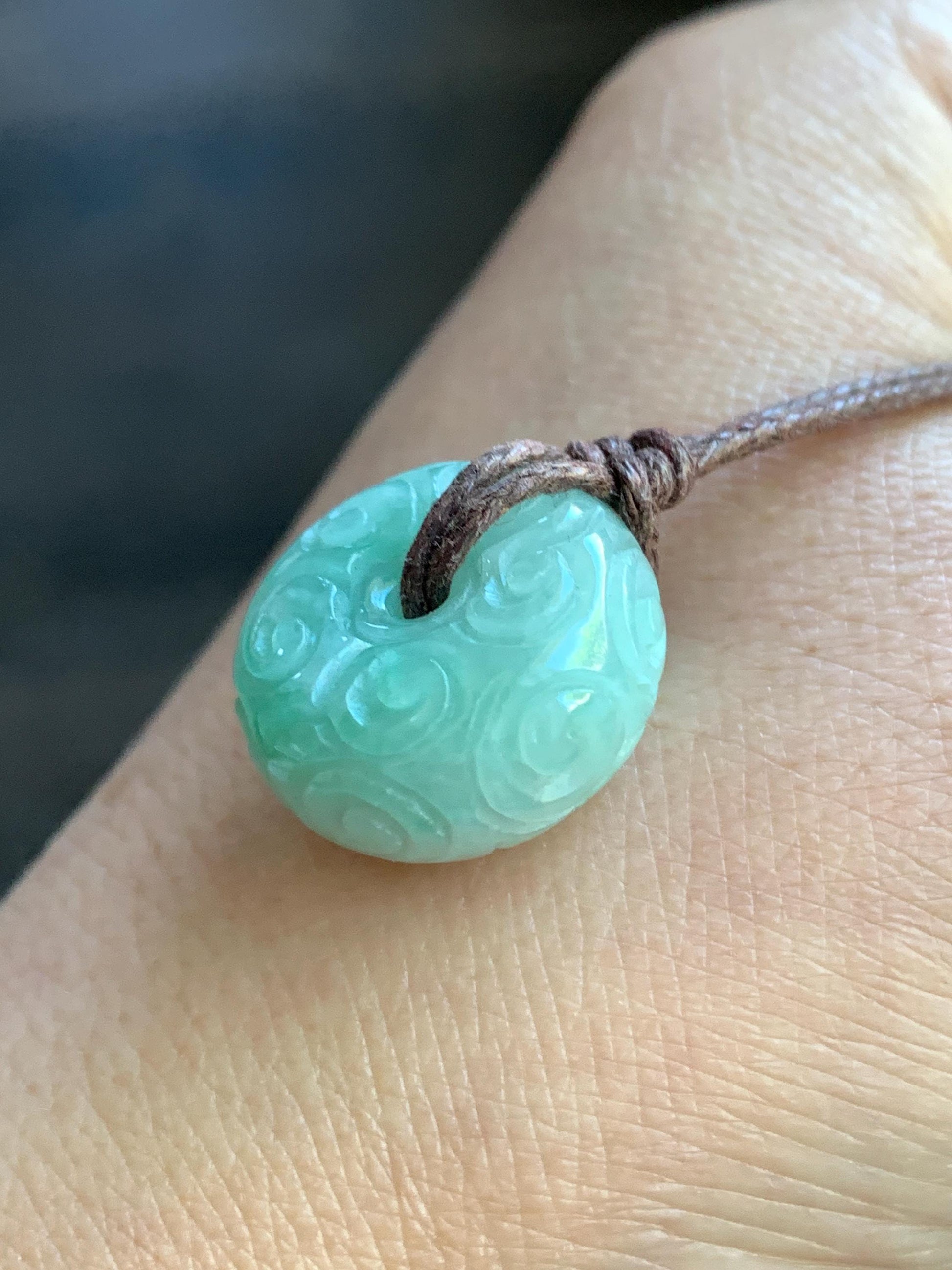 Natural Burmese Icy Translucent Light Green Jadeite Engraved Thick Ping An Kou Donut Pendant Rope Necklace 25" Adjustable 天然缅甸冰晴翡翠仿古雕平安扣吊坠 A