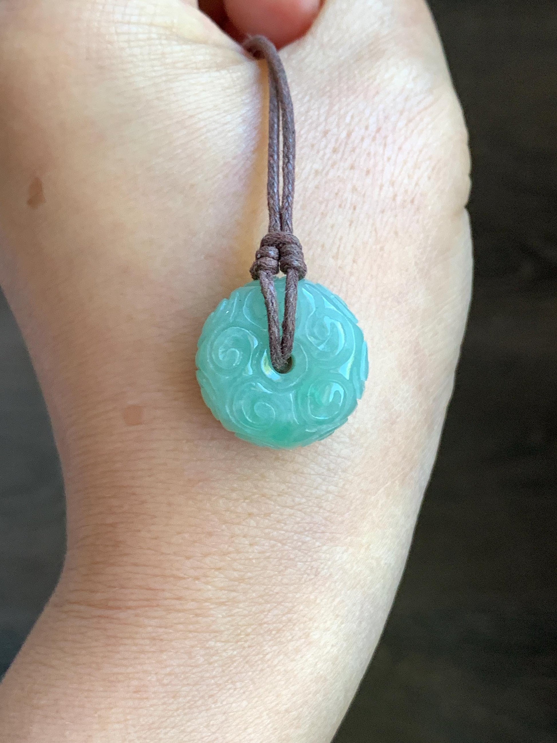 Natural Burmese Icy Translucent Light Green Jadeite Engraved Thick Ping An Kou Donut Pendant Rope Necklace 25" Adjustable 天然缅甸冰晴翡翠仿古雕平安扣吊坠 A