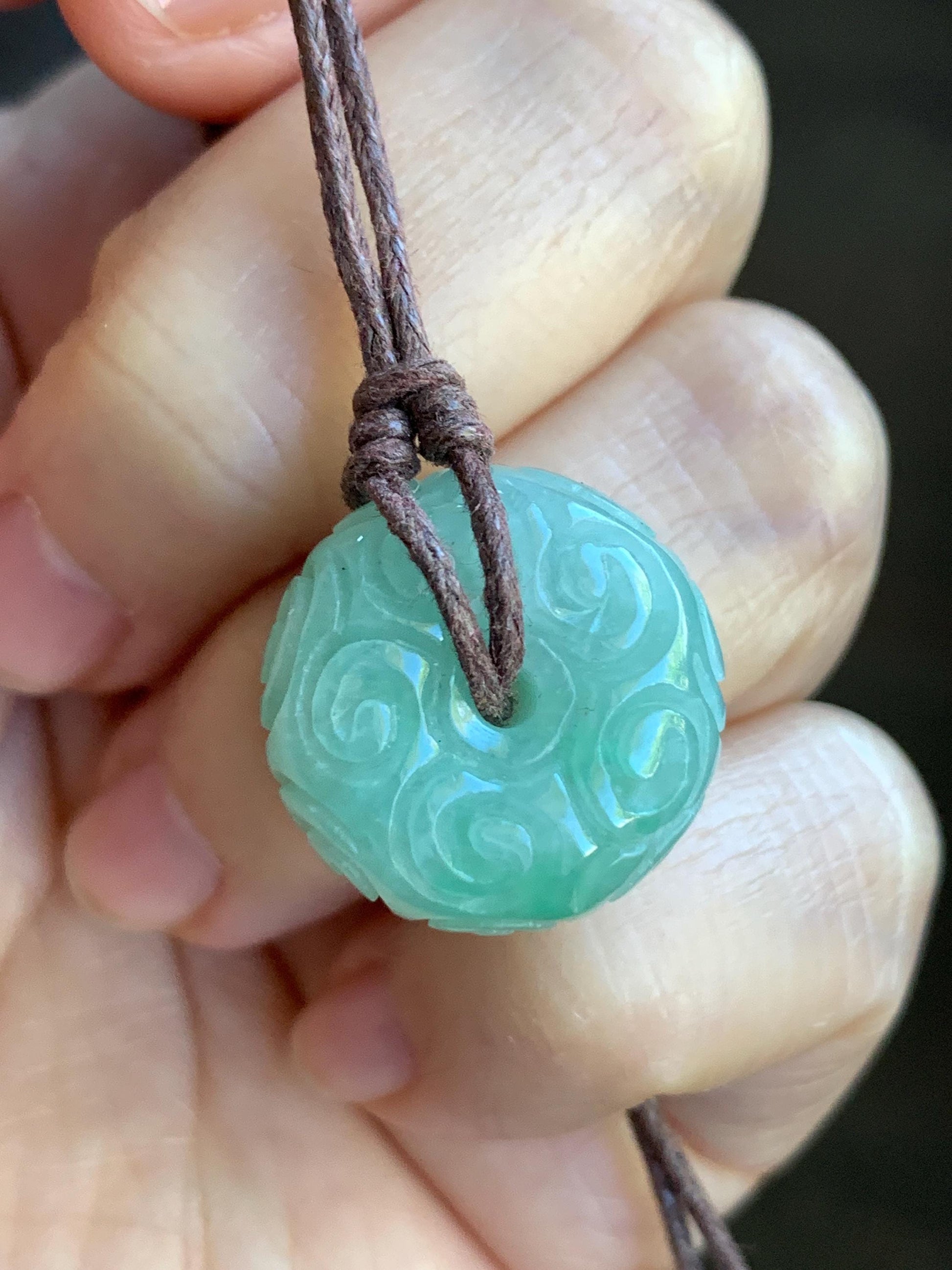 Natural Burmese Icy Translucent Light Green Jadeite Engraved Thick Ping An Kou Donut Pendant Rope Necklace 25" Adjustable 天然缅甸冰晴翡翠仿古雕平安扣吊坠 A