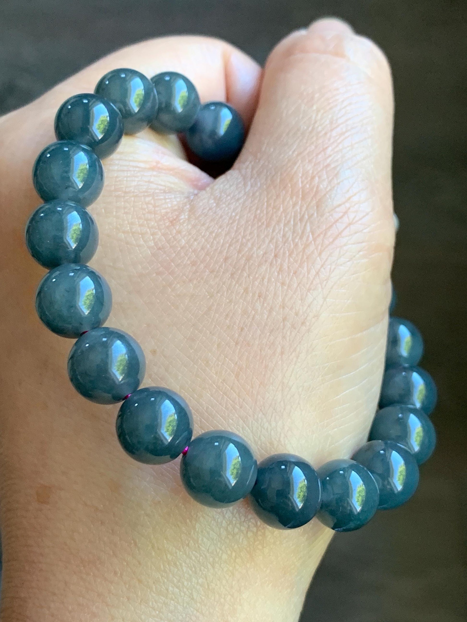 Natural Guatemalan Icy Translucent Gelatinous Dark Wuji Jadeite Round Beads Beaded Bracelet Stretchy 7.25” 9.8mm 32g 天然冰胶危乌鸡翡翠圆珠手串 B