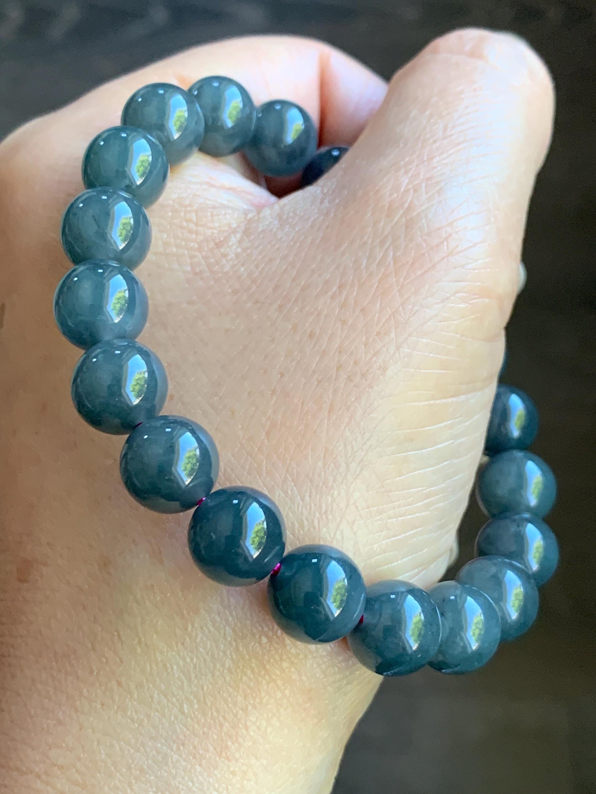 Natural Guatemalan Icy Translucent Gelatinous Dark Wuji Jadeite Round Beads Beaded Bracelet Stretchy 7.25” 9.8mm 32g 天然冰胶危乌鸡翡翠圆珠手串 B