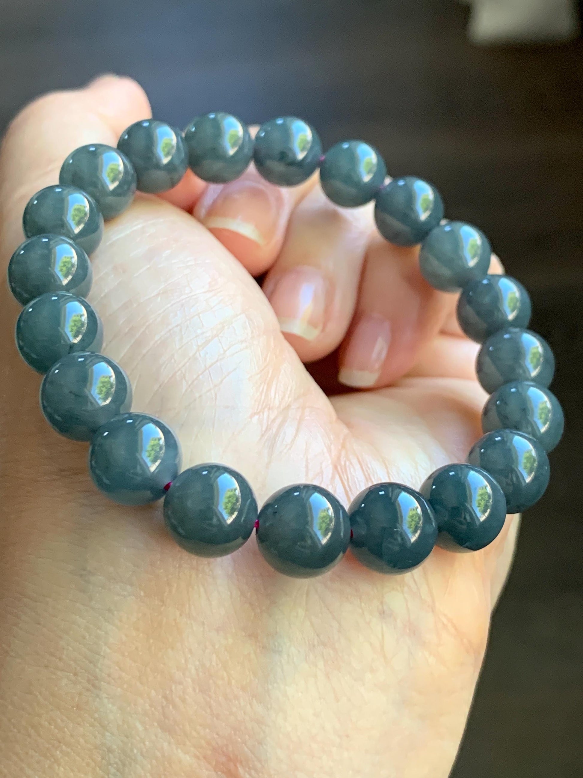 Natural Guatemalan Icy Translucent Gelatinous Dark Wuji Jadeite Round Beads Beaded Bracelet Stretchy 7.25” 9.8mm 32g 天然冰胶危乌鸡翡翠圆珠手串 B