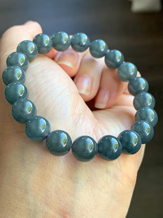 Natural Guatemalan Icy Translucent Gelatinous Dark Wuji Jadeite Round Beads Beaded Bracelet Stretchy 7.25” 9.8mm 32g 天然冰胶危乌鸡翡翠圆珠手串 B