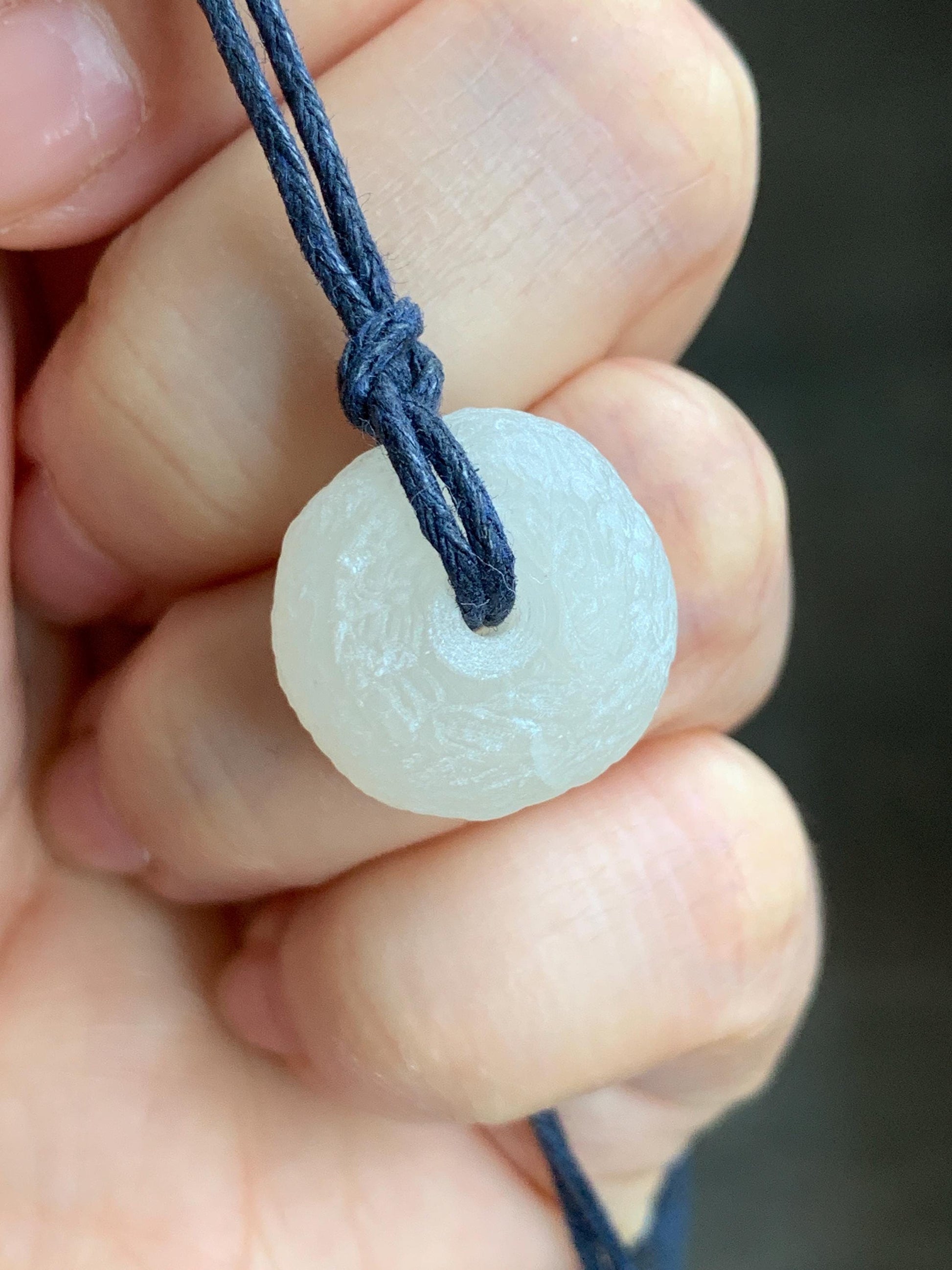 Natural Nephrite Hetian Jade Icy White Translucent Ping An Kou Donut Pendant Rope Necklace Adjustable 29" 7g 天然和田玉白玉平安扣项链