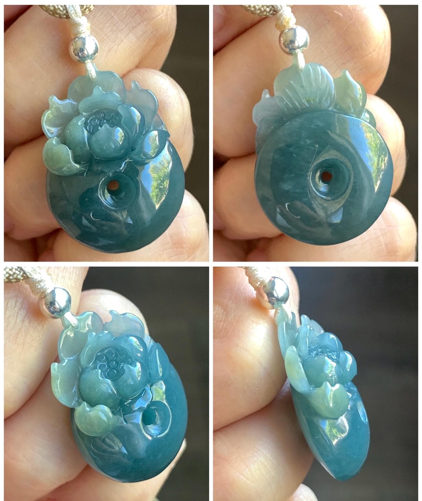 Certified Natural Guatemalan Icy Translucent Dark Teal Blue Jadeite Lotus Flower Ping An Kou Donut Pendant Rope Necklace 天然冰危深蓝翡翠莲花平安扣吊坠 022