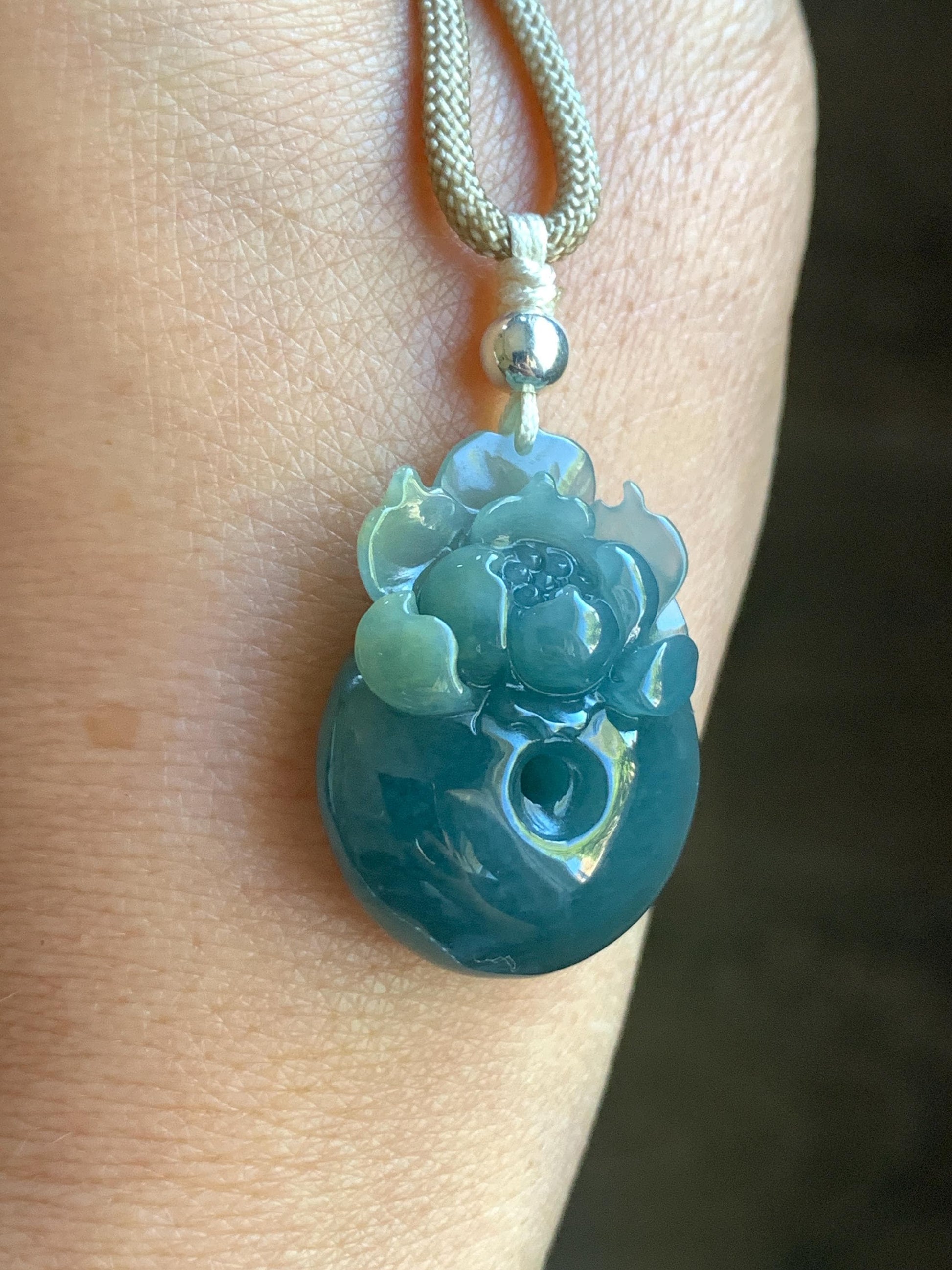 Certified Natural Guatemalan Icy Translucent Dark Teal Blue Jadeite Lotus Flower Ping An Kou Donut Pendant Rope Necklace 天然冰危深蓝翡翠莲花平安扣吊坠 022