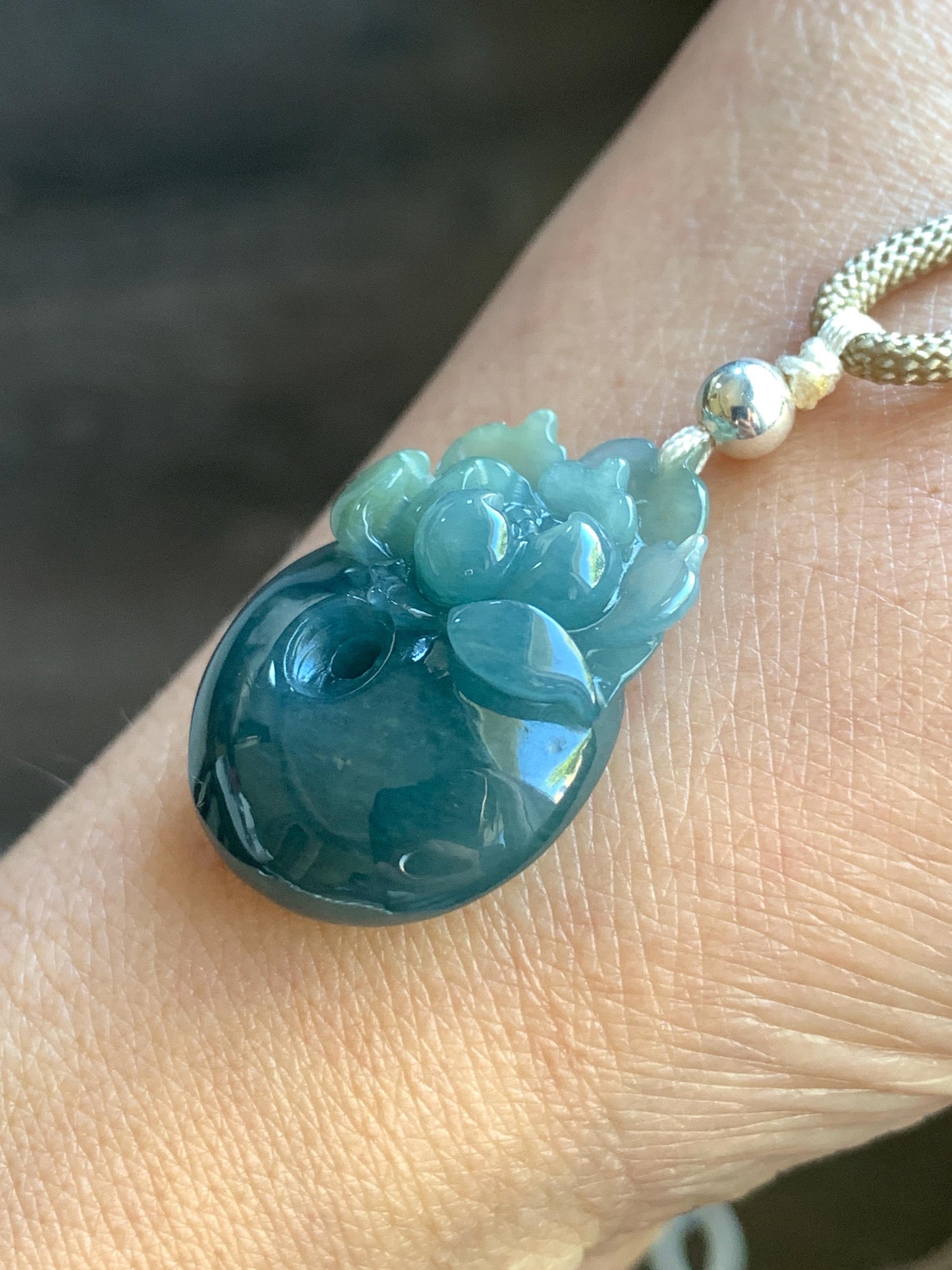 Certified Natural Guatemalan Icy Translucent Dark Teal Blue Jadeite Lotus Flower Ping An Kou Donut Pendant Rope Necklace 天然冰危深蓝翡翠莲花平安扣吊坠 022