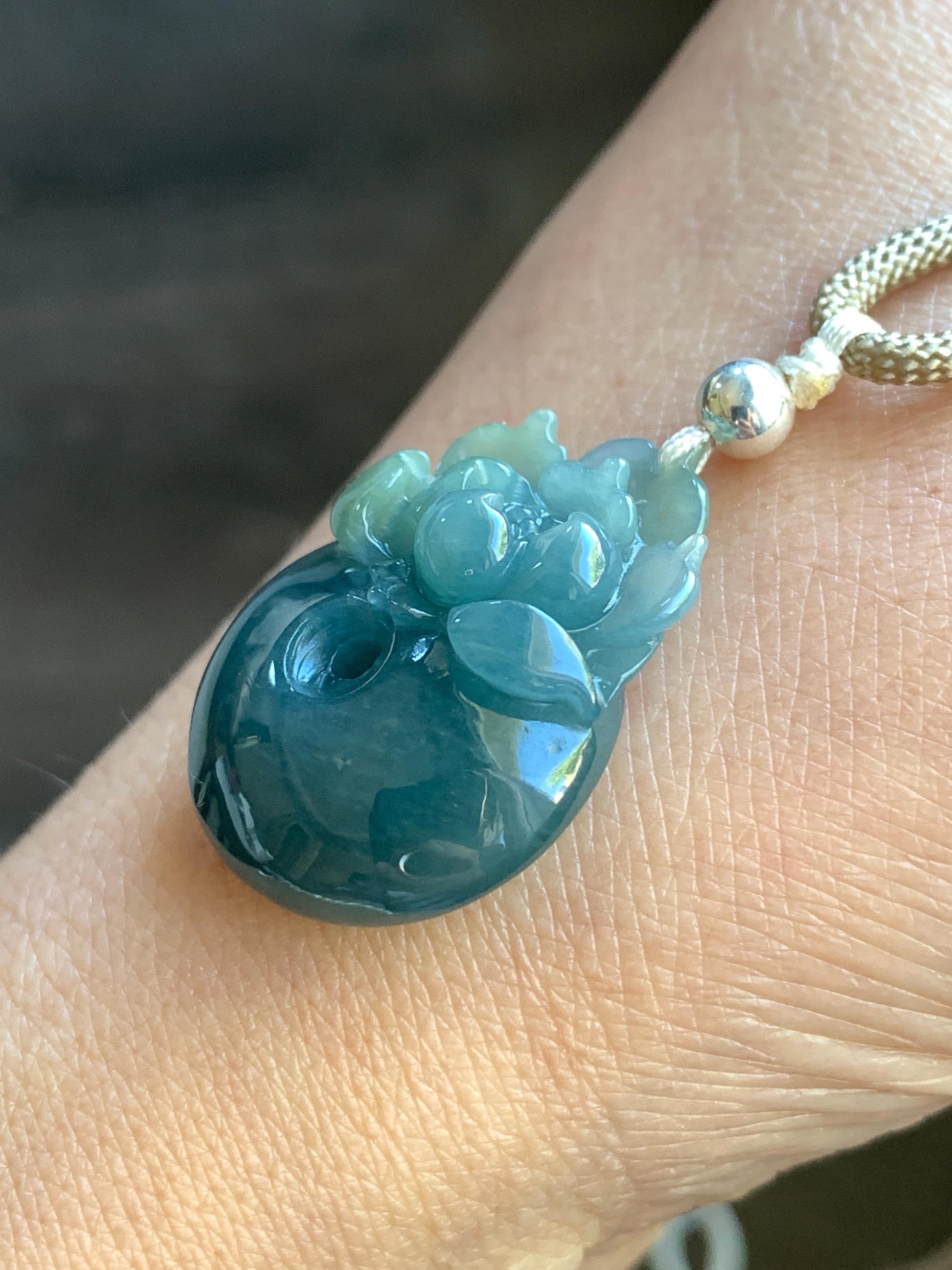 Certified Natural Guatemalan Icy Translucent Dark Teal Blue Jadeite Lotus Flower Ping An Kou Donut Pendant Rope Necklace 天然冰危深蓝翡翠莲花平安扣吊坠 022