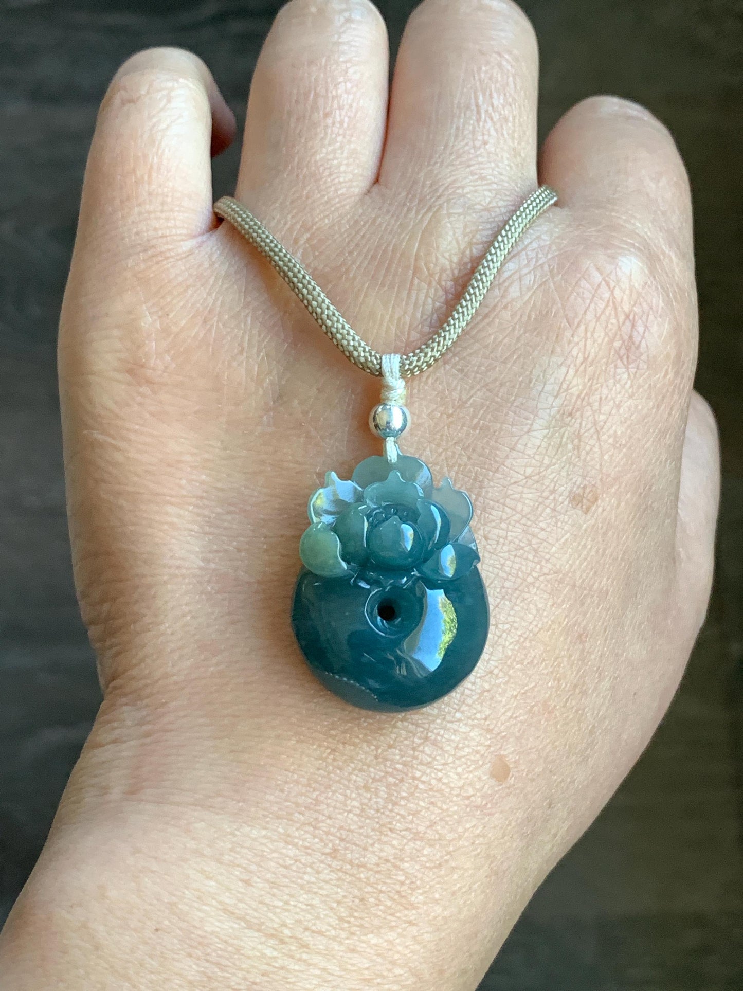 Certified Natural Guatemalan Icy Translucent Dark Teal Blue Jadeite Lotus Flower Ping An Kou Donut Pendant Rope Necklace 天然冰危深蓝翡翠莲花平安扣吊坠 022