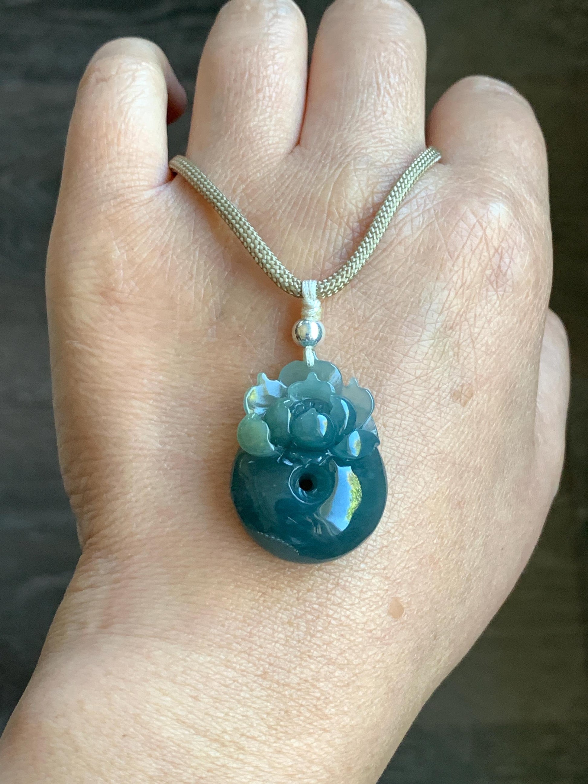 Certified Natural Guatemalan Icy Translucent Dark Teal Blue Jadeite Lotus Flower Ping An Kou Donut Pendant Rope Necklace 天然冰危深蓝翡翠莲花平安扣吊坠 022