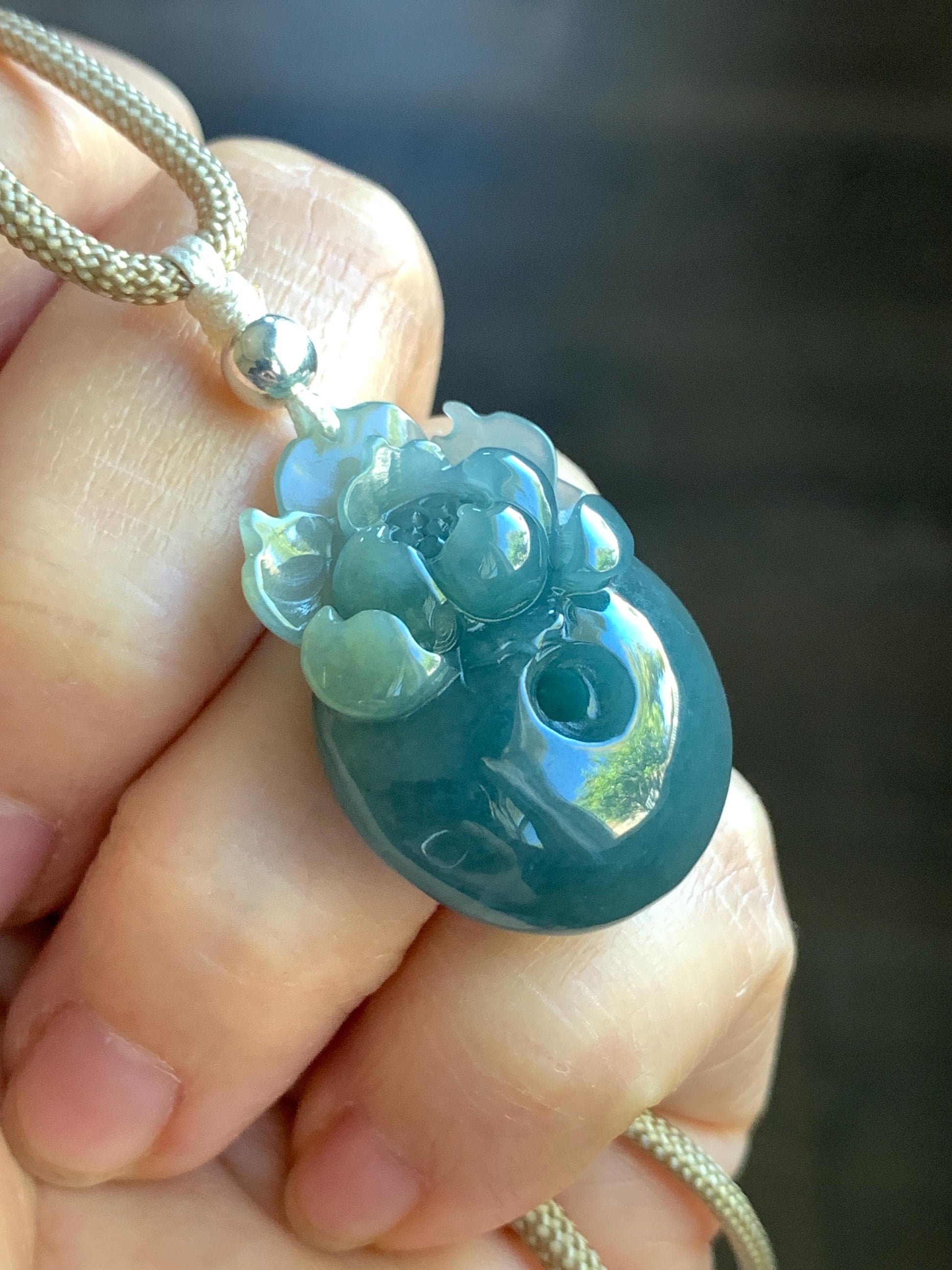 Certified Natural Guatemalan Icy Translucent Dark Teal Blue Jadeite Lotus Flower Ping An Kou Donut Pendant Rope Necklace 天然冰危深蓝翡翠莲花平安扣吊坠 022