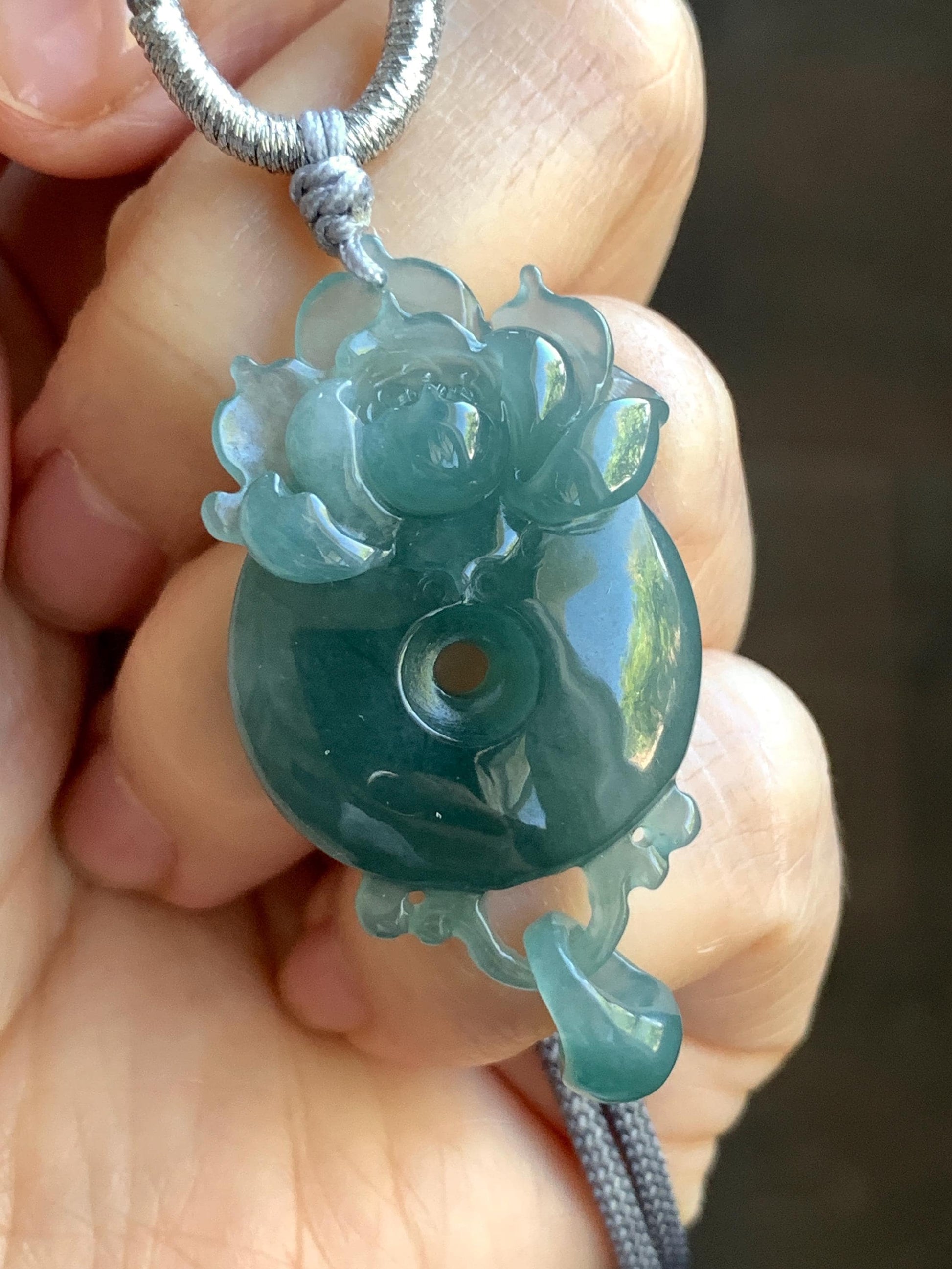 Certified Natural Guatemalan Icy Translucent Dark Teal Blue Jadeite Lotus Flower Ping An Kou Donut Pendant Rope Necklace 天然冰危深蓝翡翠莲花平安扣吊坠 021