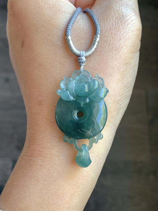 Certified Natural Guatemalan Icy Translucent Dark Teal Blue Jadeite Lotus Flower Ping An Kou Donut Pendant Rope Necklace 天然冰危深蓝翡翠莲花平安扣吊坠 021
