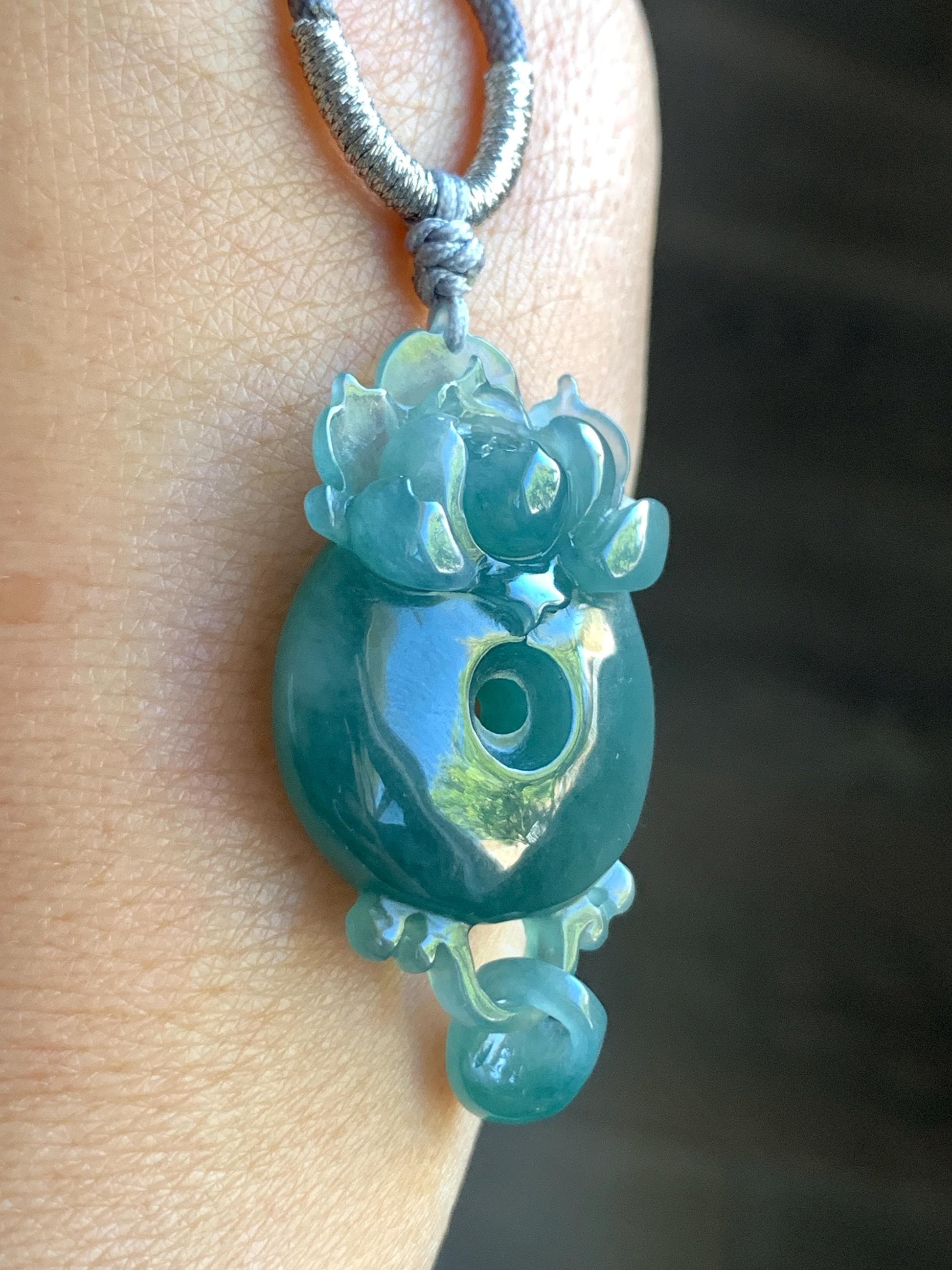 Certified Natural Guatemalan Icy Translucent Dark Teal Blue Jadeite Lotus Flower Ping An Kou Donut Pendant Rope Necklace 天然冰危深蓝翡翠莲花平安扣吊坠 021
