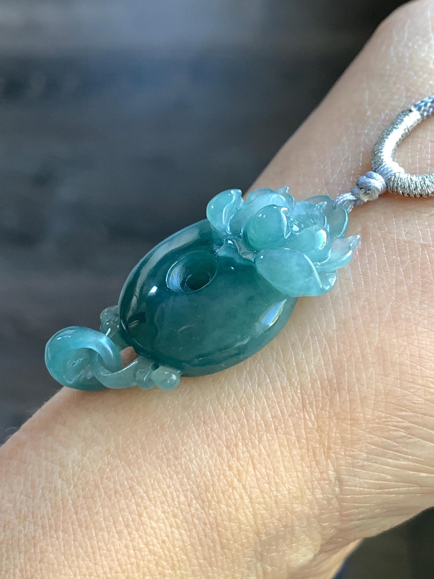 Certified Natural Guatemalan Icy Translucent Dark Teal Blue Jadeite Lotus Flower Ping An Kou Donut Pendant Rope Necklace 天然冰危深蓝翡翠莲花平安扣吊坠 021