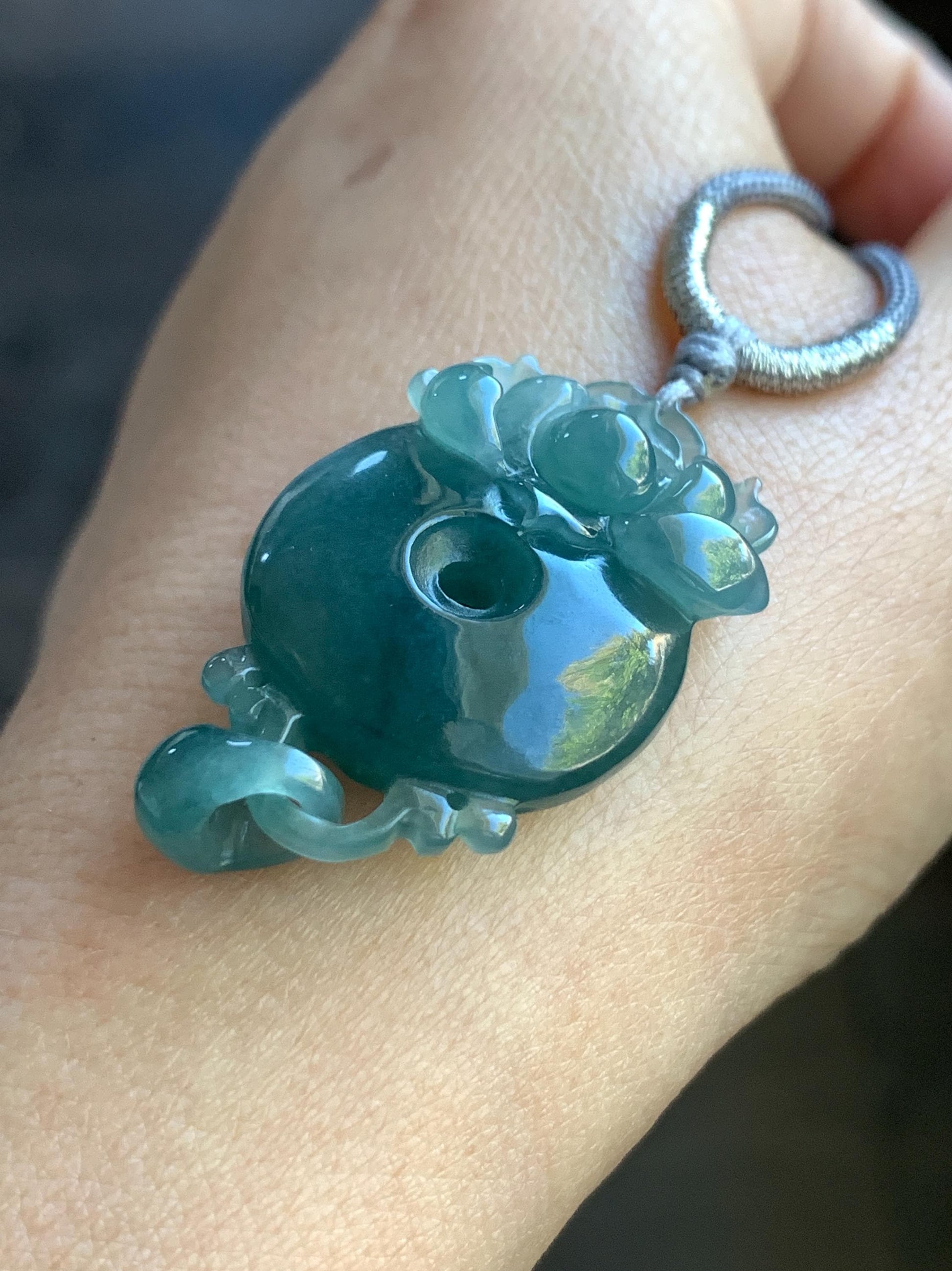 Certified Natural Guatemalan Icy Translucent Dark Teal Blue Jadeite Lotus Flower Ping An Kou Donut Pendant Rope Necklace 天然冰危深蓝翡翠莲花平安扣吊坠 021