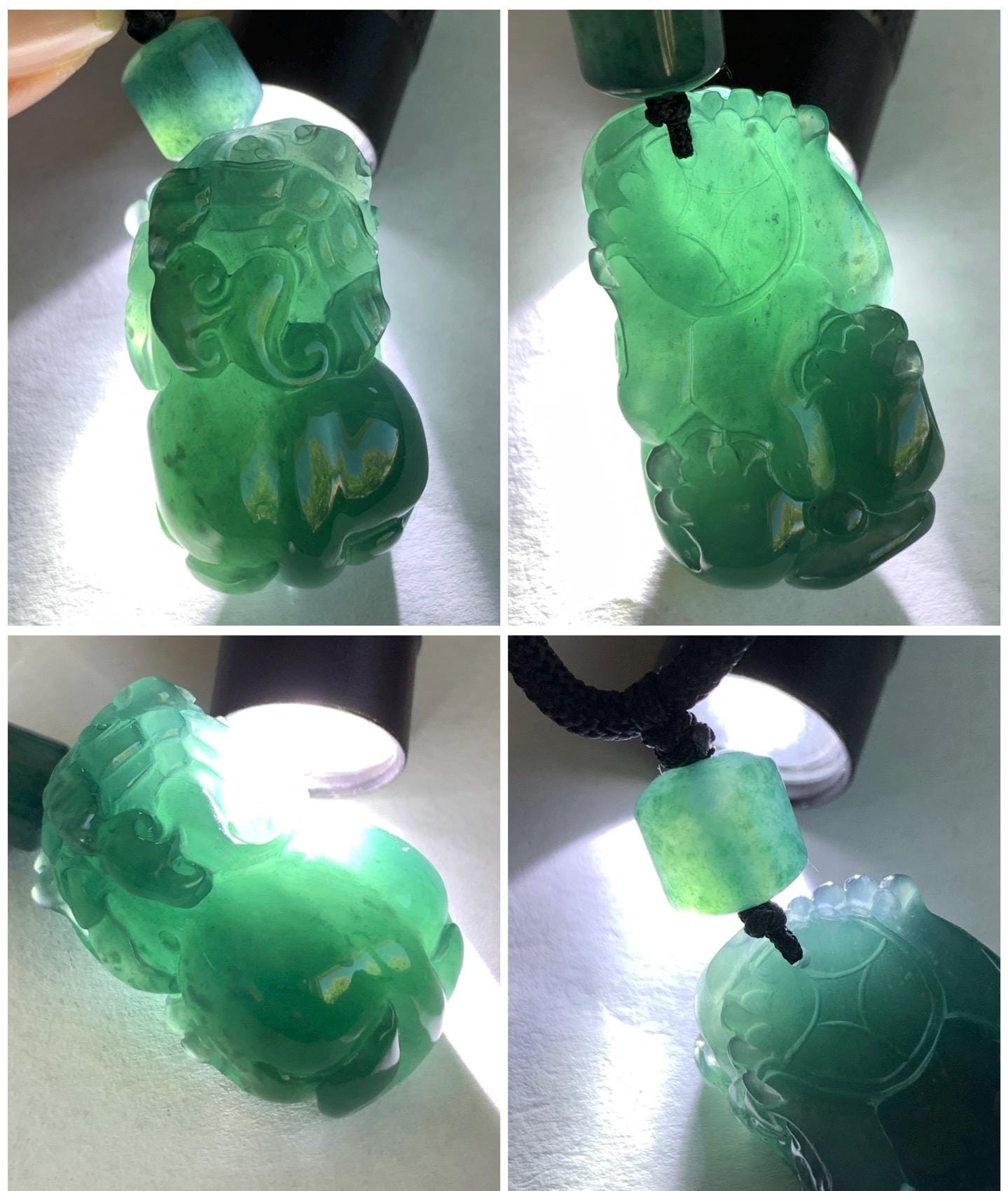 Natural Guatemalan Icy Translucent & Gelatinous Dark Teal Blue Jadeite Pixiu Pendant Rope Necklace 26" 21g 天然老种冰危深蓝水翡翠貔貅吊坠挂件