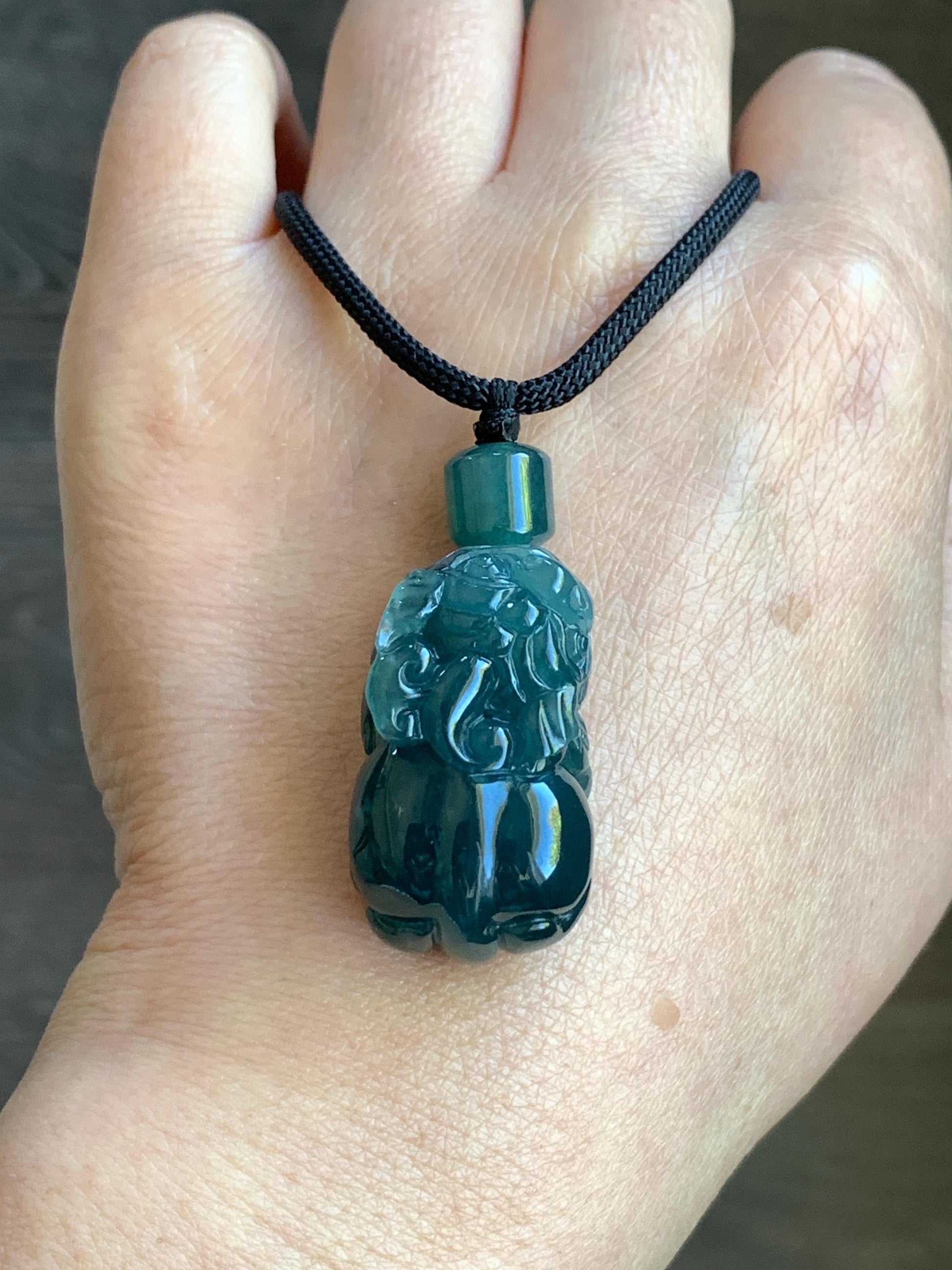 Natural Guatemalan Icy Translucent & Gelatinous Dark Teal Blue Jadeite Pixiu Pendant Rope Necklace 26" 21g 天然老种冰危深蓝水翡翠貔貅吊坠挂件