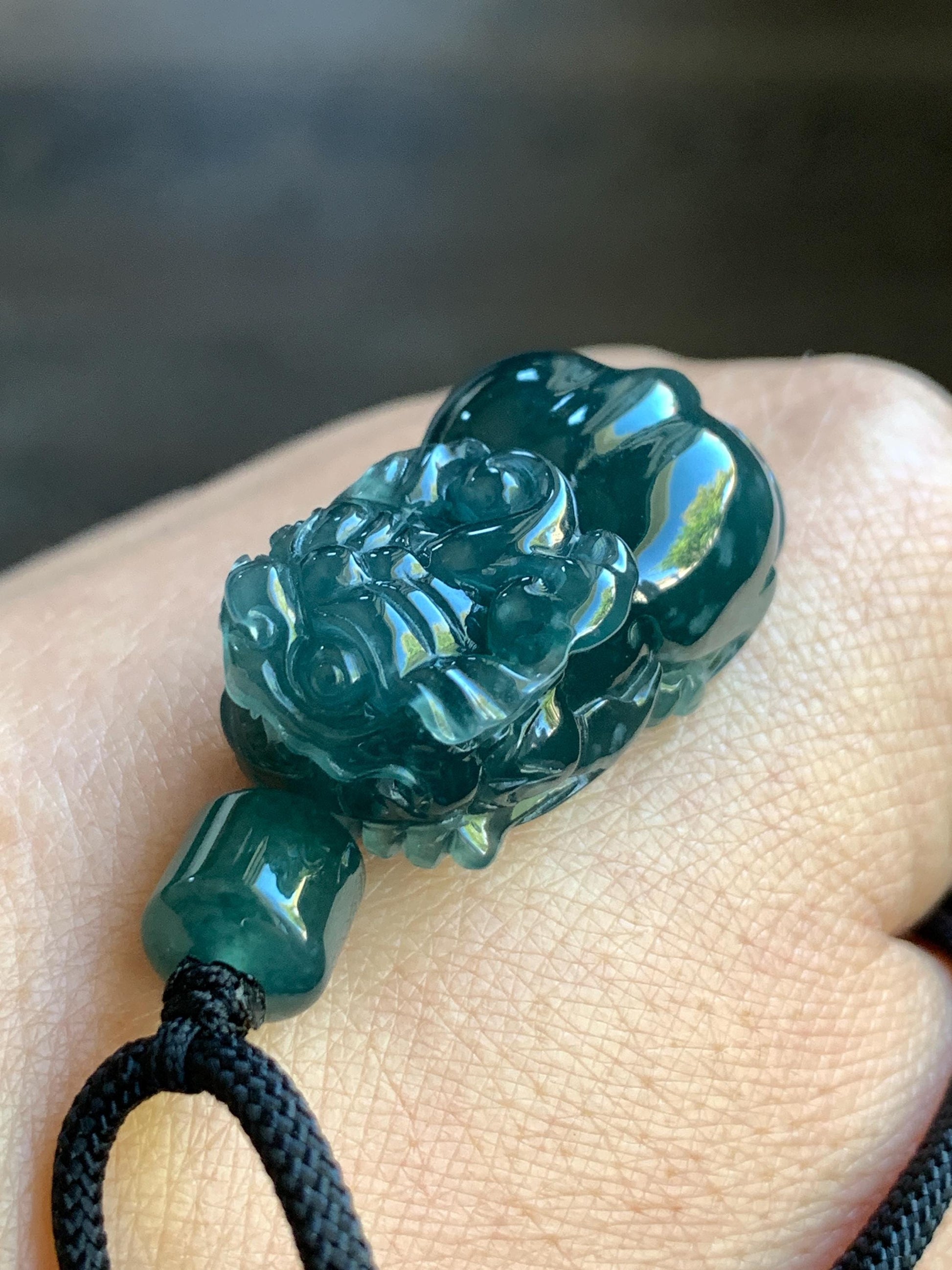 Natural Guatemalan Icy Translucent & Gelatinous Dark Teal Blue Jadeite Pixiu Pendant Rope Necklace 26" 21g 天然老种冰危深蓝水翡翠貔貅吊坠挂件