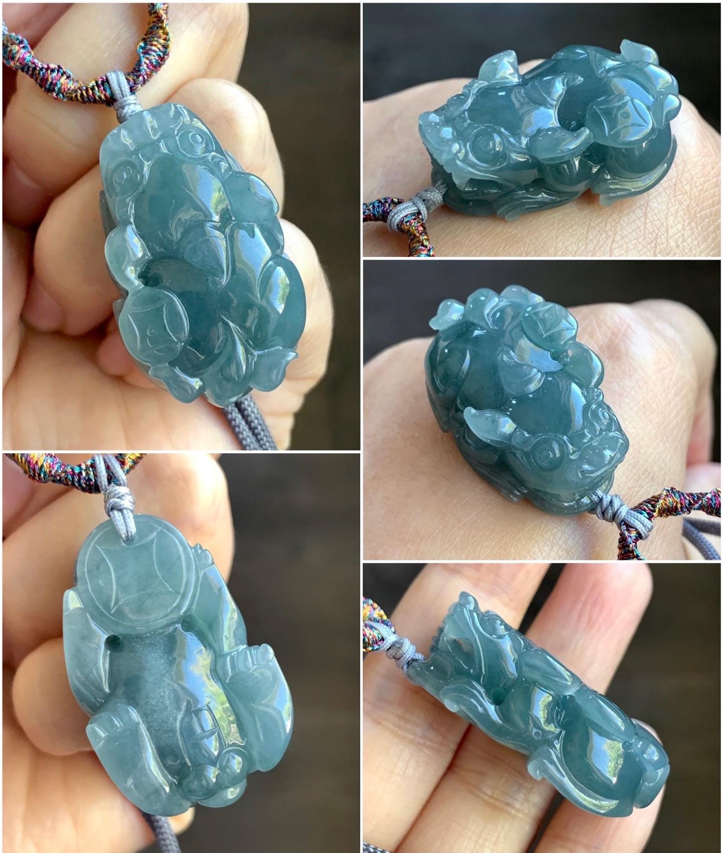 Natural Guatemalan Old Mine Icy Translucent Gelatinous Dusty Teal Blue Jadeite Pixiu Pendant Rope Necklace 26" 23g 天然老种冰危蓝灰翡翠貔貅吊坠挂件