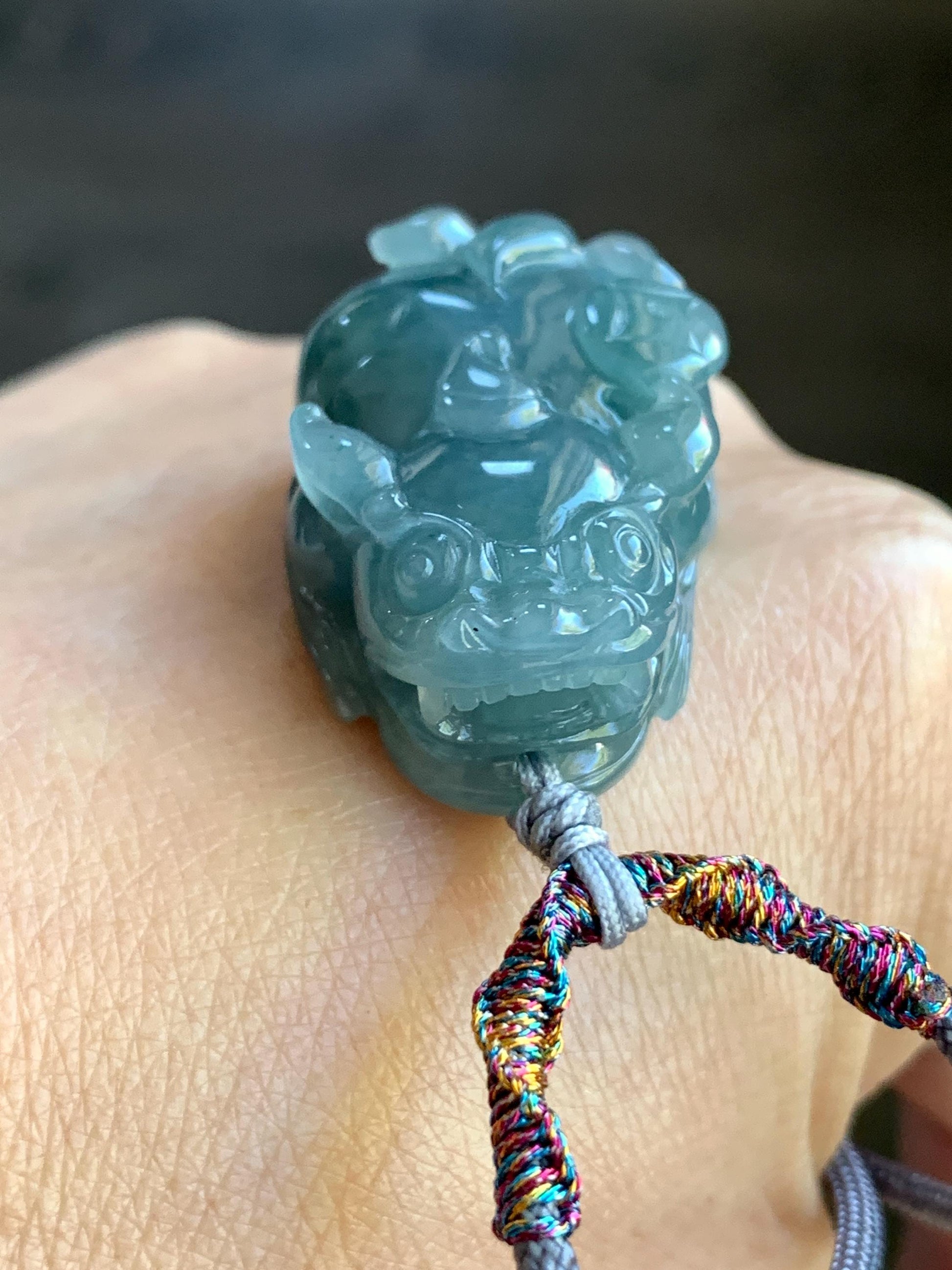 Natural Guatemalan Old Mine Icy Translucent Gelatinous Dusty Teal Blue Jadeite Pixiu Pendant Rope Necklace 26" 23g 天然老种冰危蓝灰翡翠貔貅吊坠挂件