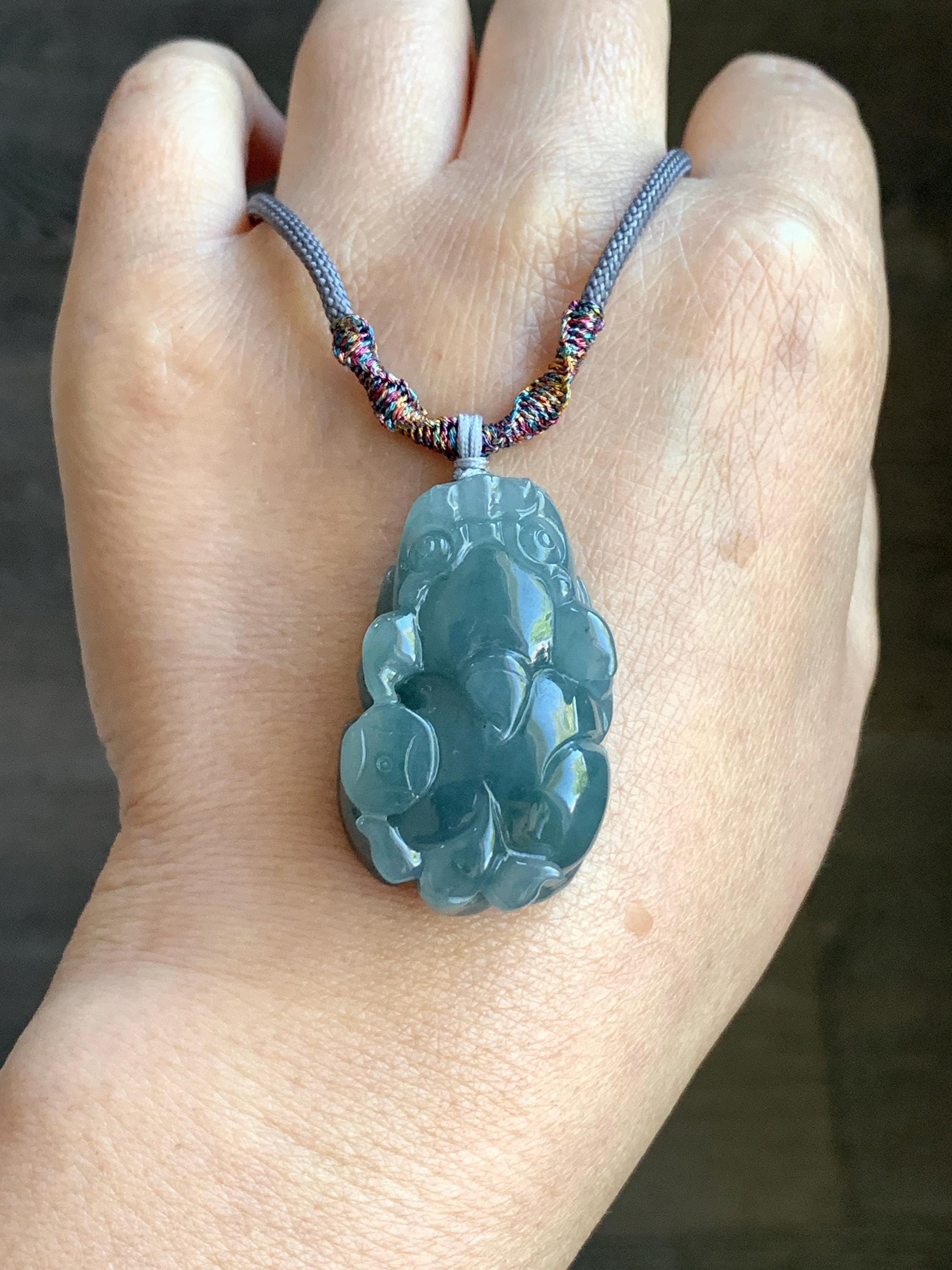 Natural Guatemalan Old Mine Icy Translucent Gelatinous Dusty Teal Blue Jadeite Pixiu Pendant Rope Necklace 26" 23g 天然老种冰危蓝灰翡翠貔貅吊坠挂件