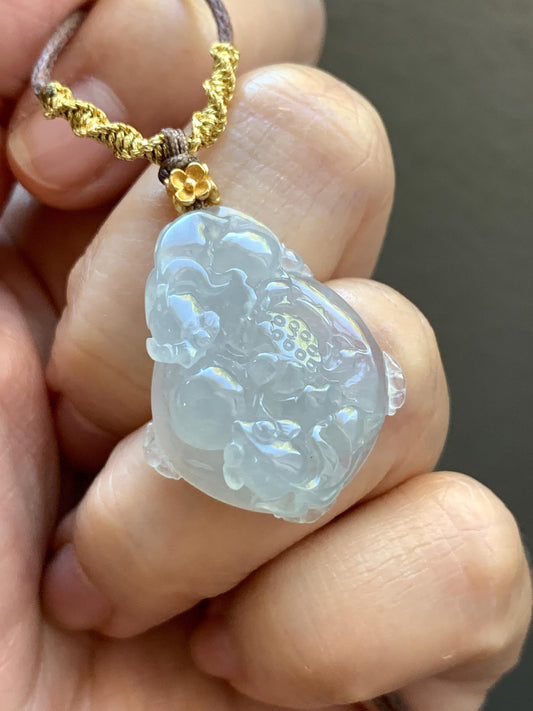 Natural Burmese Premium Icy Translucent Jadeite Lotus Flower Goldfish Ping An Kou Donut Necklace Sterling Silver 8g 天然缅甸老种白冰胶起光翡翠莲花鱼平安扣吊坠