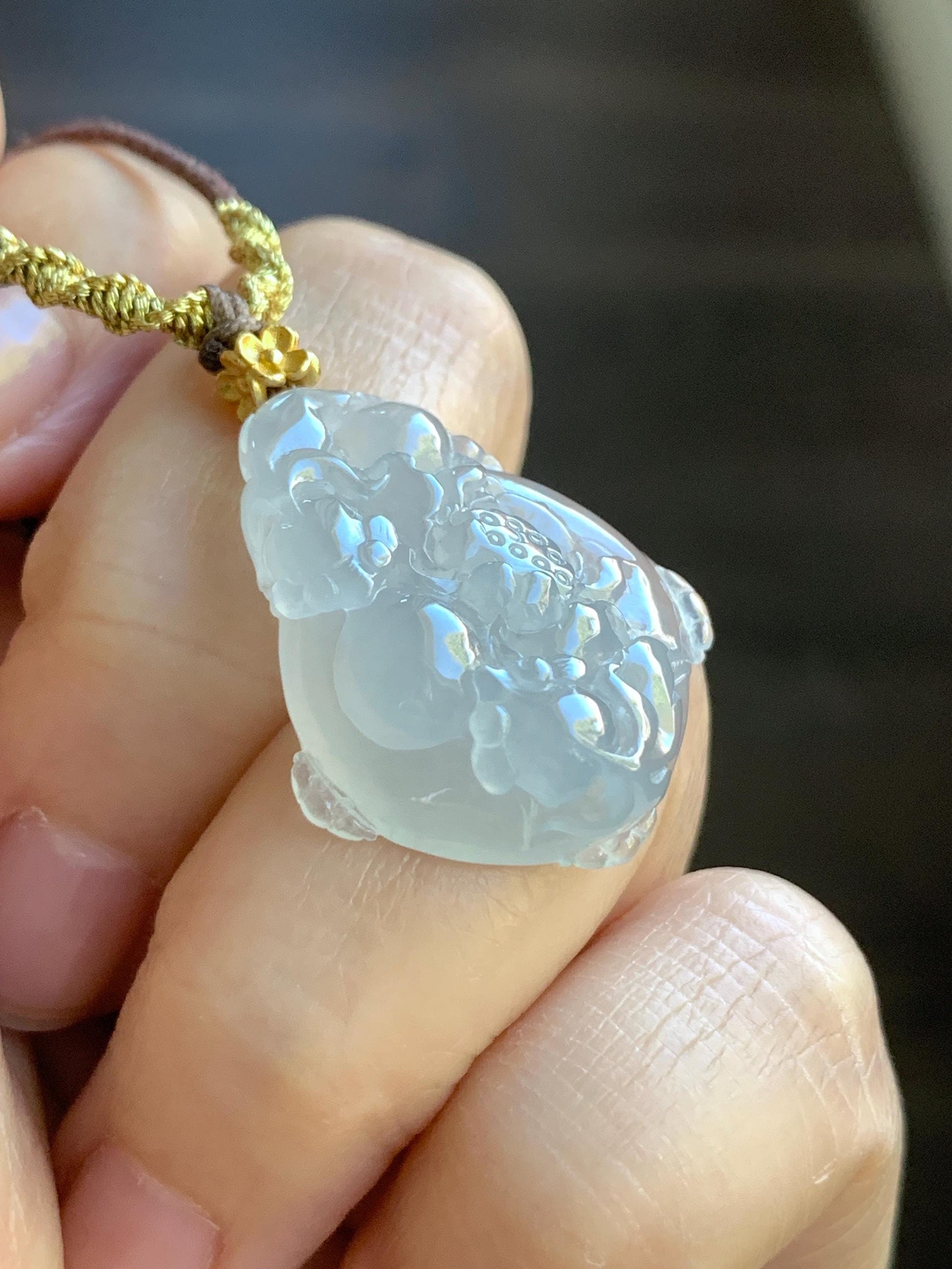 Natural Burmese Premium Icy Translucent Jadeite Lotus Flower Goldfish Ping An Kou Donut Necklace Sterling Silver 8g 天然缅甸老种白冰胶起光翡翠莲花鱼平安扣吊坠
