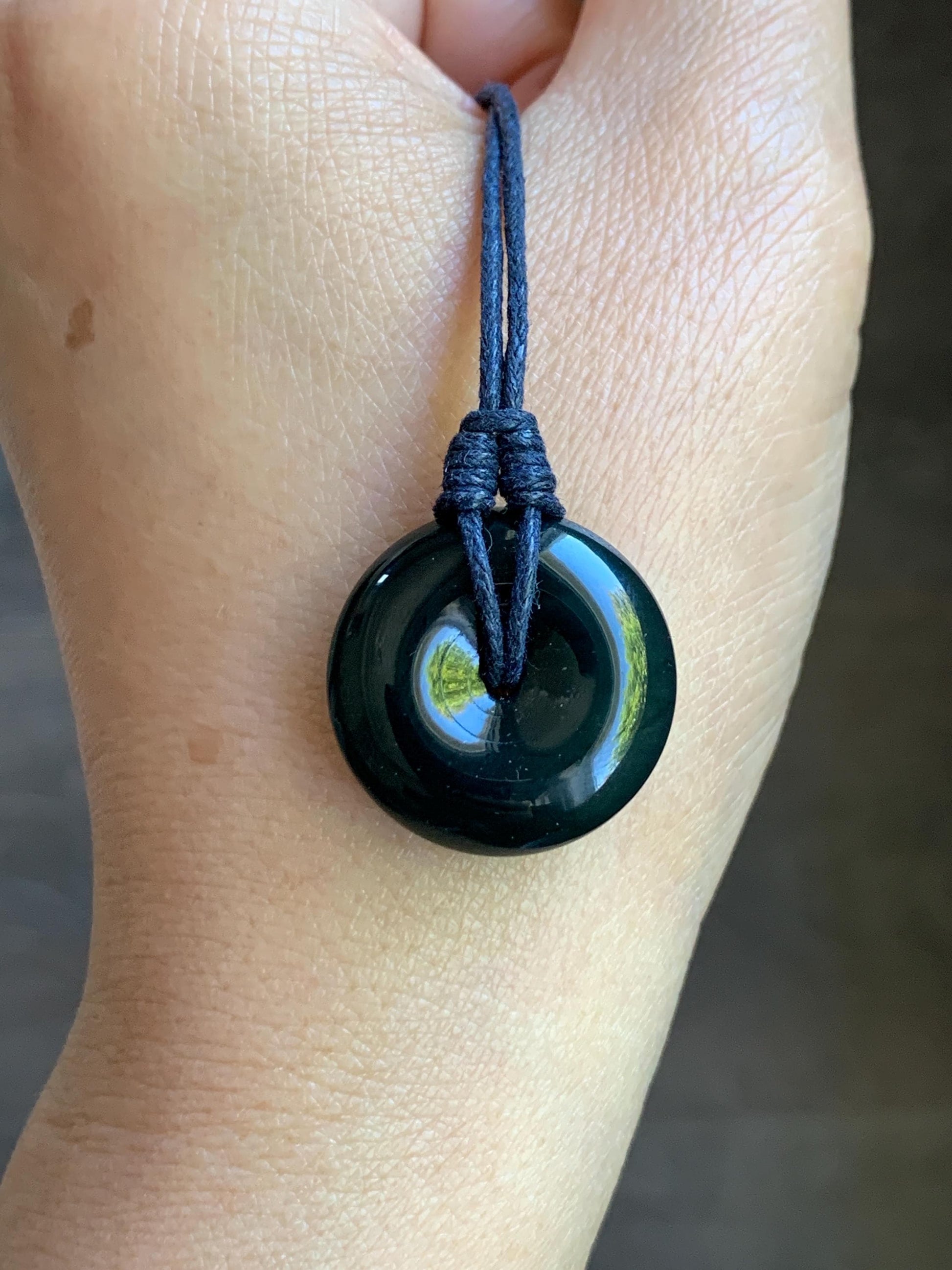 Natural Guatemalan Icy Translucent Gelatinous Deep Teal Blue Jadeite Thick Ping An Kou Donut Pendant Rope Necklace 25” 8g 天然老种冰胶危老蓝水翡翠平安扣吊坠
