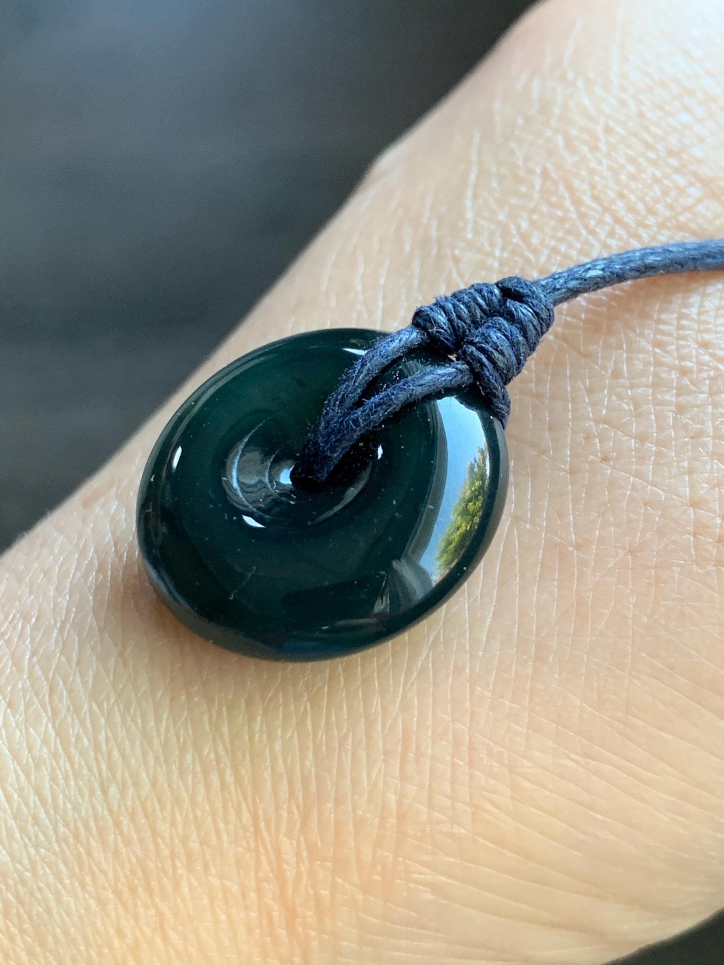 Natural Guatemalan Icy Translucent Gelatinous Deep Teal Blue Jadeite Thick Ping An Kou Donut Pendant Rope Necklace 25” 8g 天然老种冰胶危老蓝水翡翠平安扣吊坠