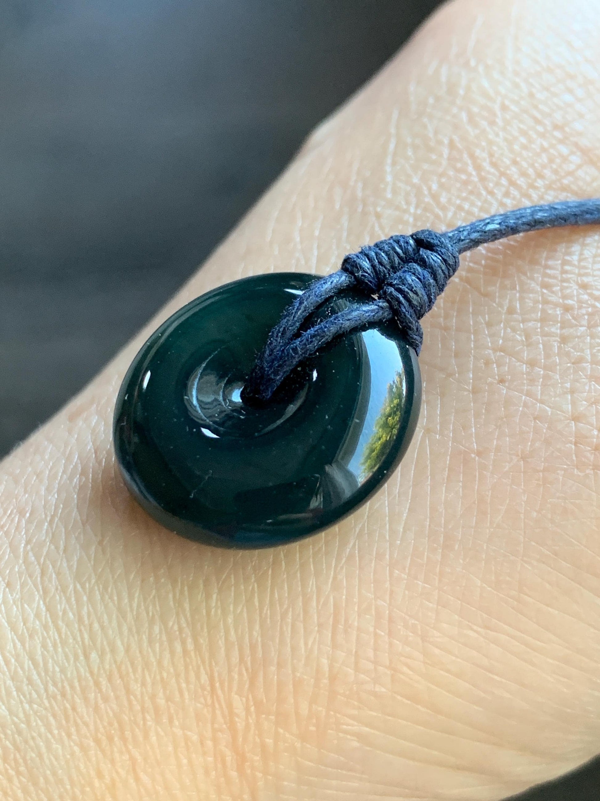 Natural Guatemalan Icy Translucent Gelatinous Deep Teal Blue Jadeite Thick Ping An Kou Donut Pendant Rope Necklace 25” 8g 天然老种冰胶危老蓝水翡翠平安扣吊坠
